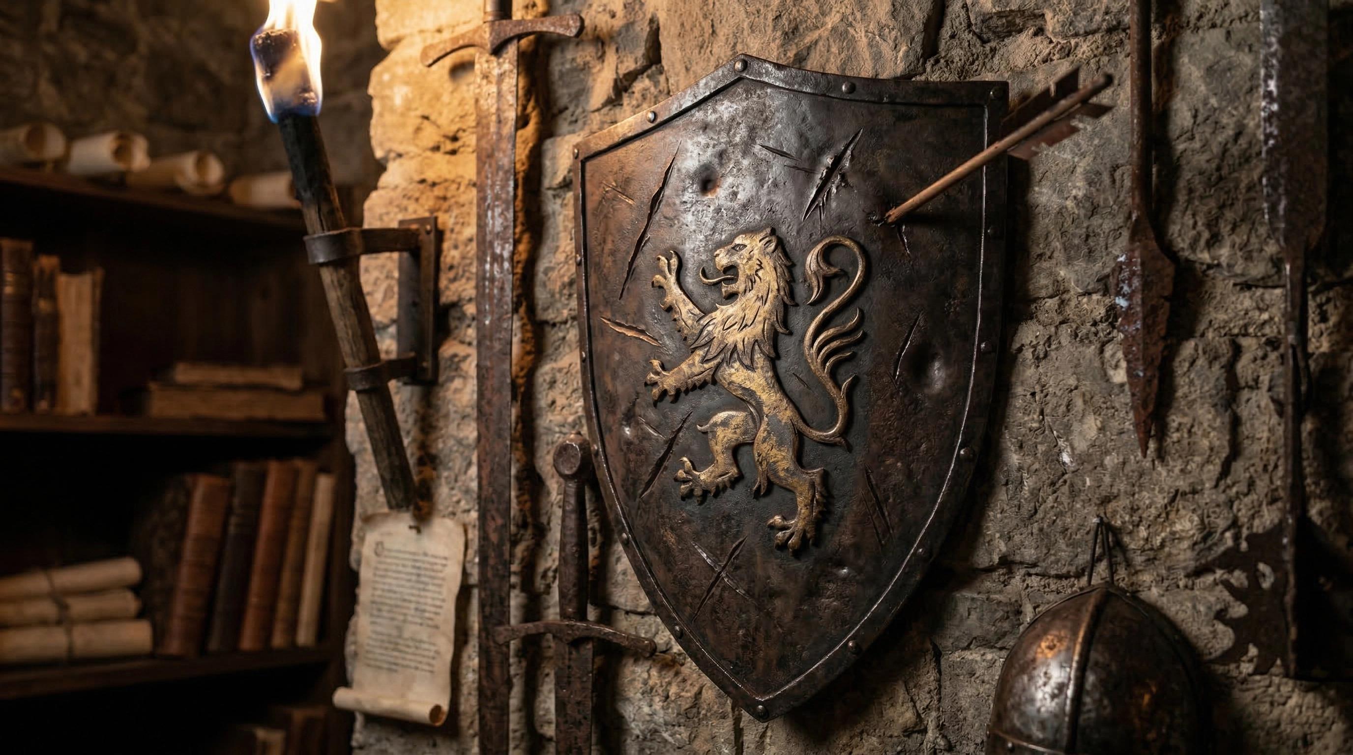 Escudo heráldico de hierro forjado con marcas de batalla; símbolo de linaje [X]; estética de archivo histórico medieval.