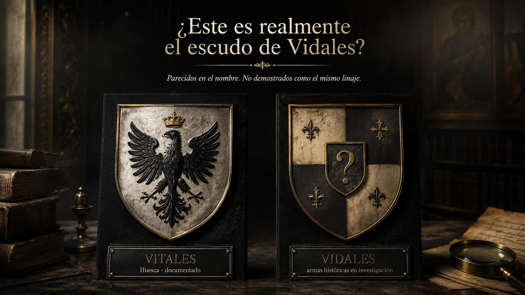 Comparación entre el escudo documentado de los Vitales de Huesca, con águila negra coronada sobre campo de plata, y un escudo Vidales en investigación.