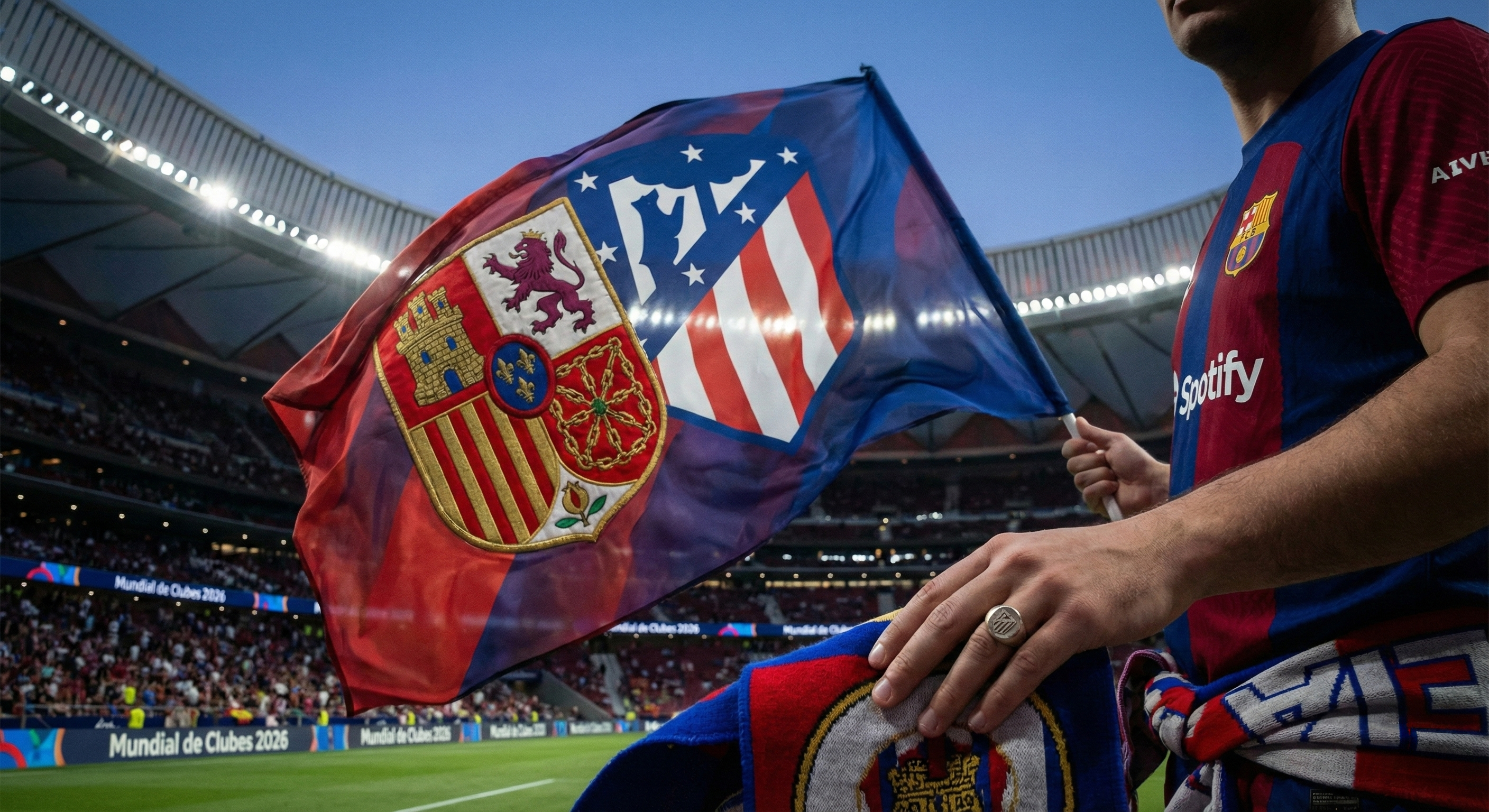 Un aficionado en un estadio moderno sosteniendo una bandera que fusiona el escudo de un equipo de fútbol con un blasón heráldico medieval.