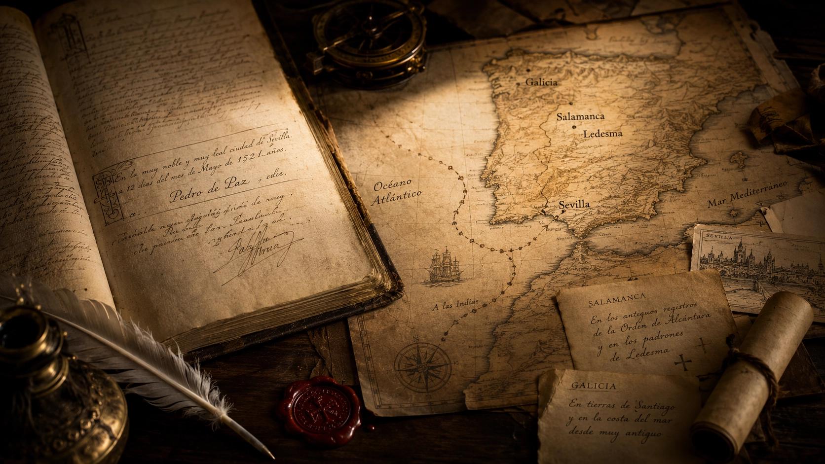 Documentos históricos, mapa antiguo de España y rutas hacia América que ilustran la investigación sobre el origen del apellido Paz en Sevilla, Salamanca y Galicia.