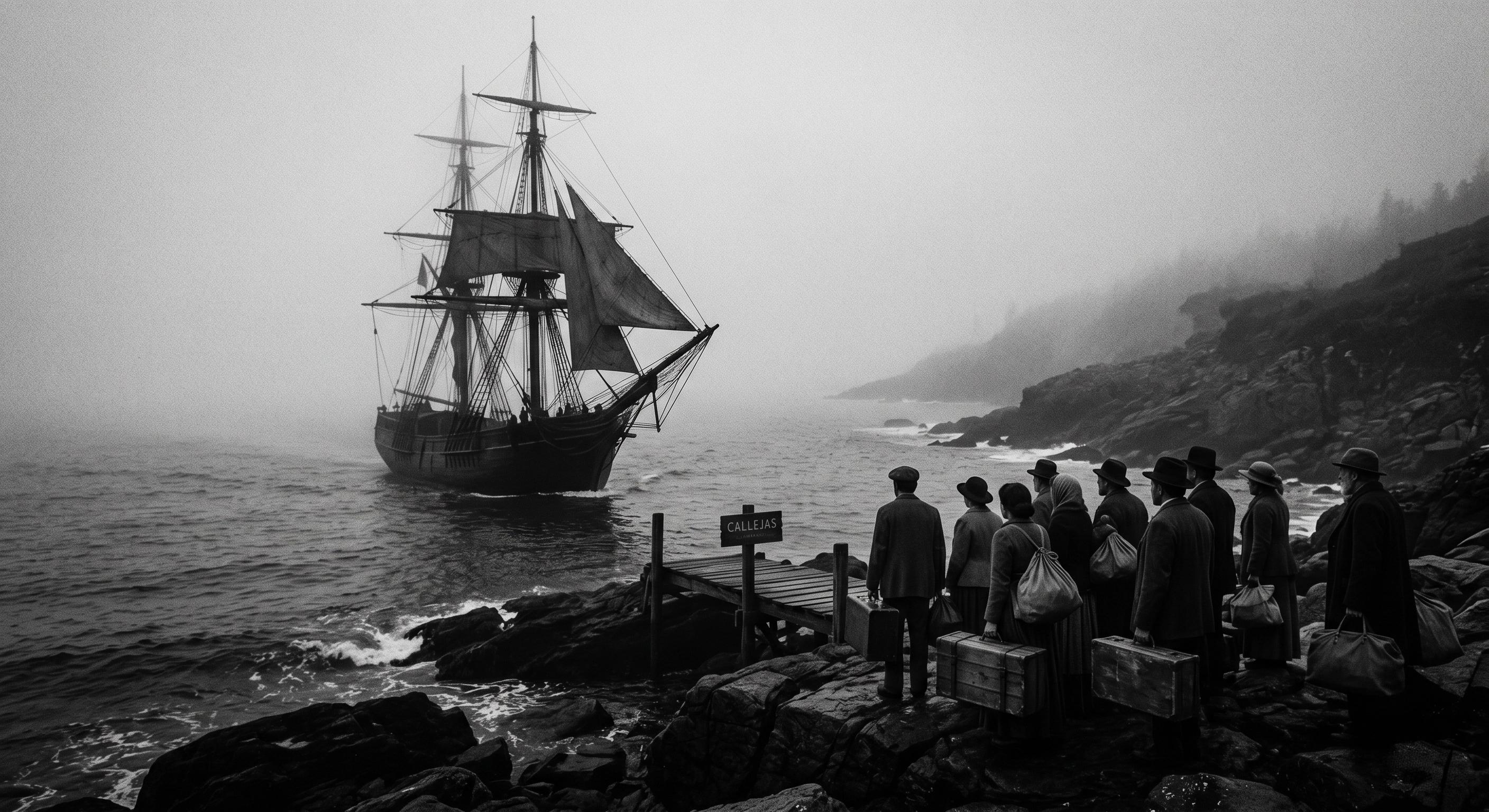 Barco de madera antiguo llegando a la costa americana, símbolo de la migración del apellido Callejas.