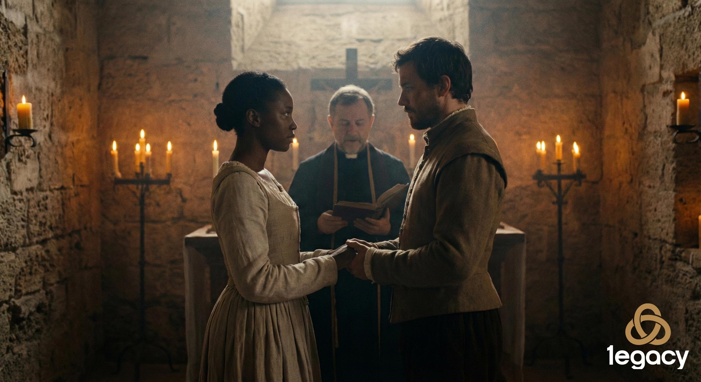 Recreación histórica del matrimonio de Luisa de Ábrego y Miguel Hernández en San Agustín, Florida, 1565, en un fuerte colonial español.