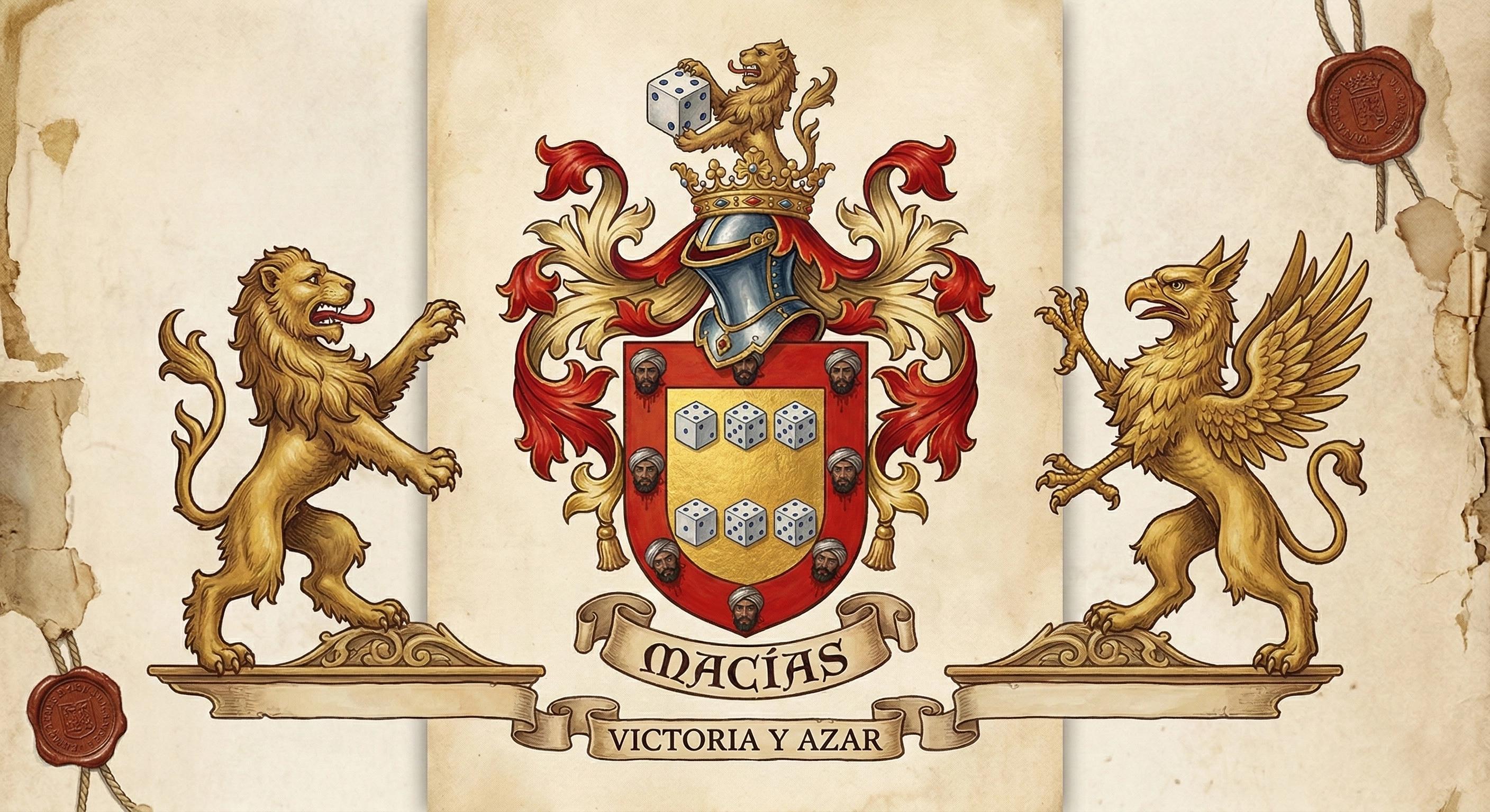 Escudo heráldico del apellido Macías; seis dados de plata marcando el seis sobre fondo rojo; símbolo de azar y victoria militar.