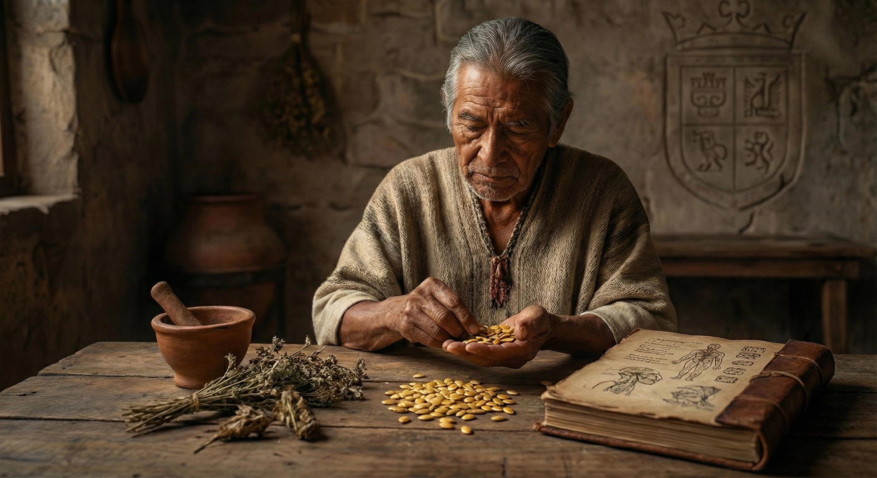 Antonio Martínez, médico ticitl de 1552, investigando las propiedades metabólicas de las semillas de calabaza en el México Colonial.