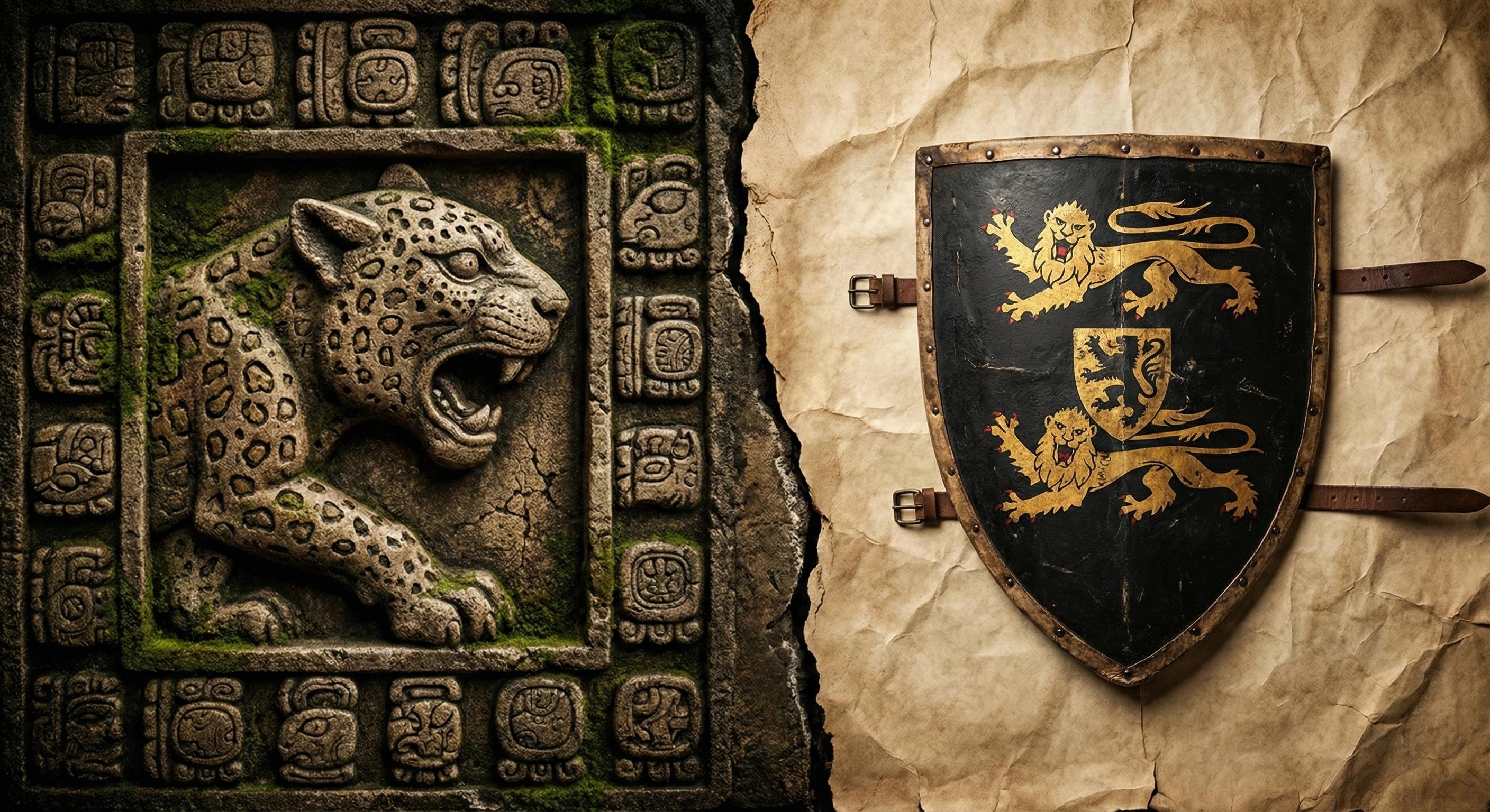 Composición heráldica de alto contraste: a la izquierda una textura de piedra maya con un jaguar; a la derecha, un escudo medieval inglés en color negro sobre pergamino.