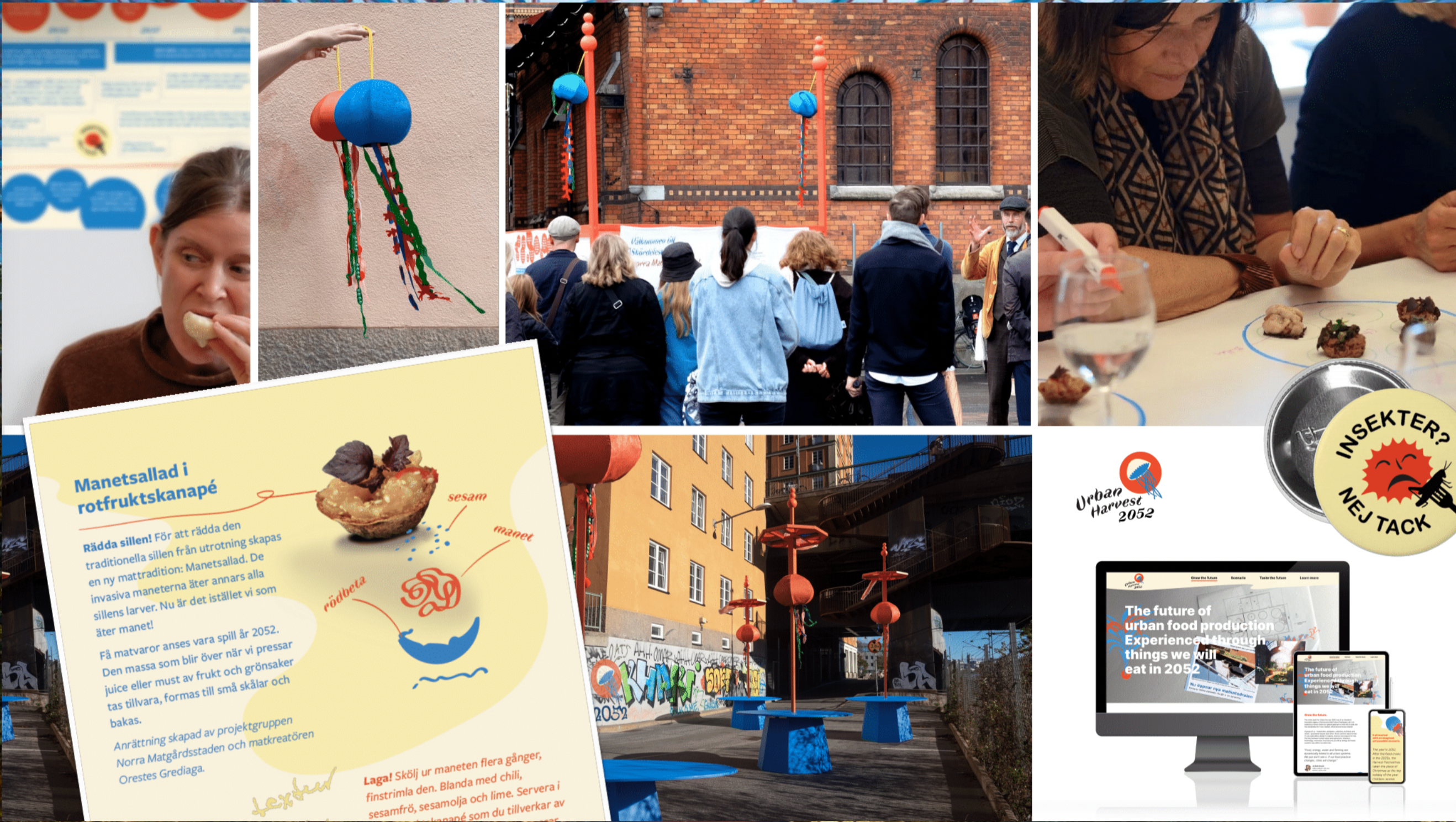 Collage från Urban Harvest 2052 som visar framtidsvisioner för stadsodling med dekorationer, besökare vid Gasverket, recept på manetsallad, och digitalt informationsmaterial.