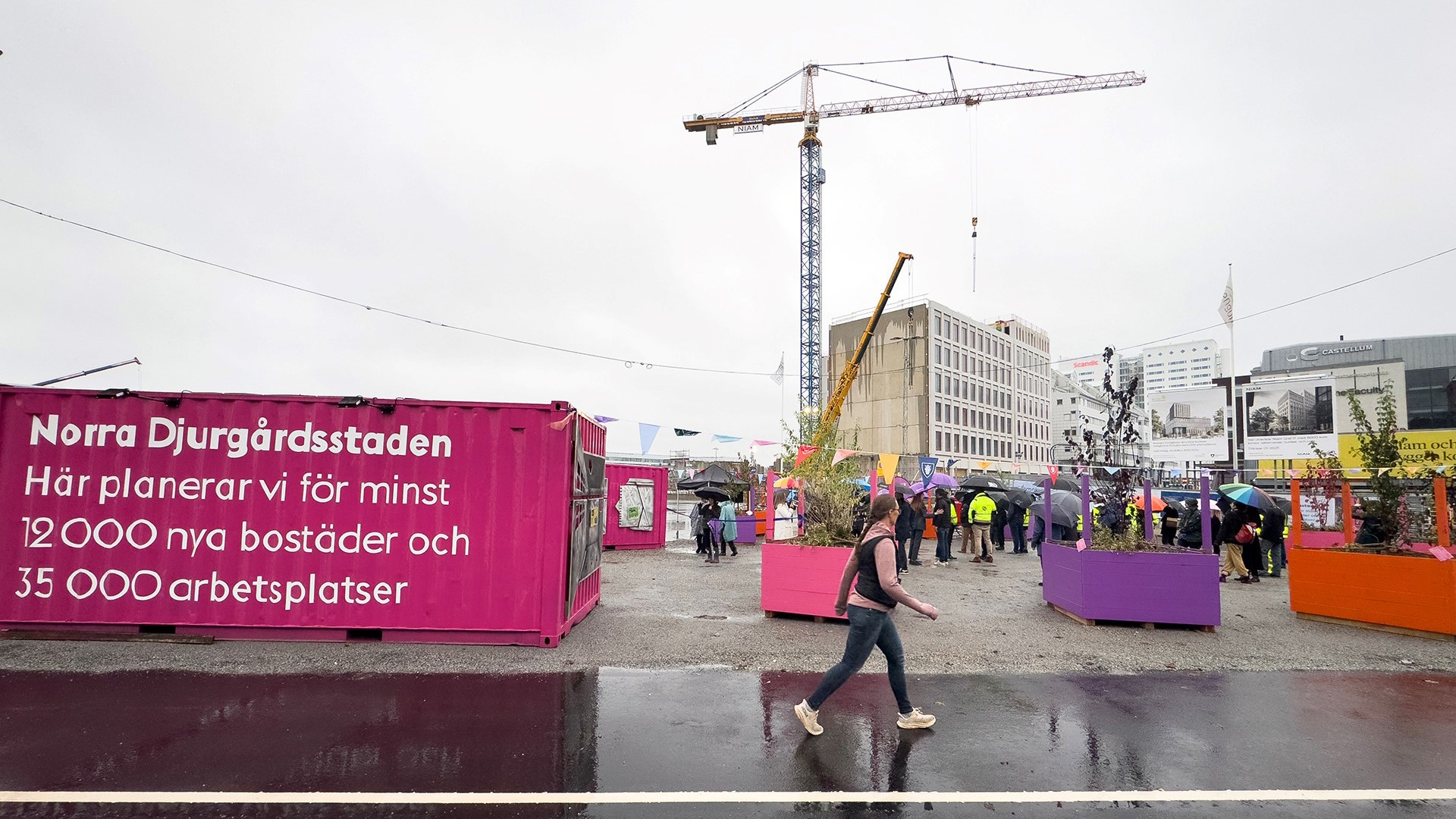 Vy över Entréparken med rosa och lila containrar, informationsskylt om Norra Djurgårdsstaden och byggkran i bakgrunden.