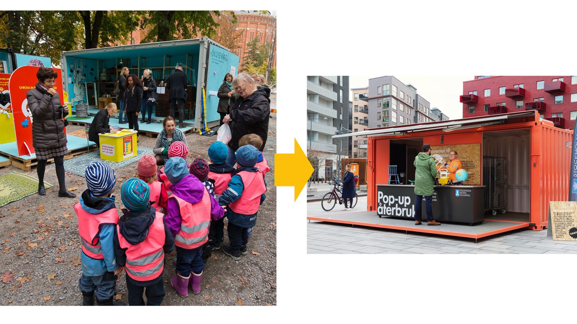 Två bilder visar utvecklingen från en återbrukstation med barn i färgglada kläder till en modern popup-station i en container.