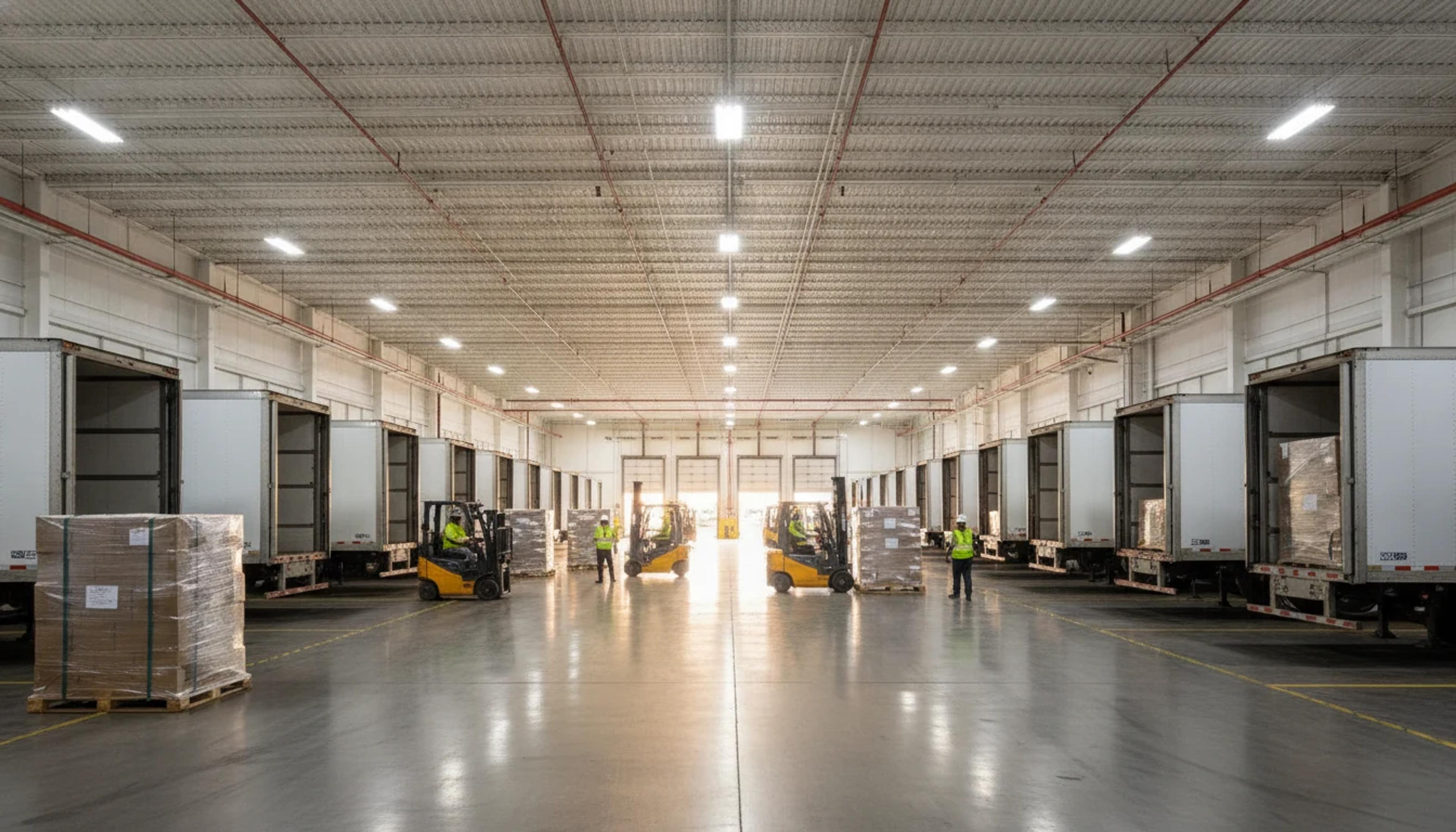 Modern LTL cross-dock terminal during active operations. Priority and Guaranteed service tiers receive preferential sort and outbound trailer selection.