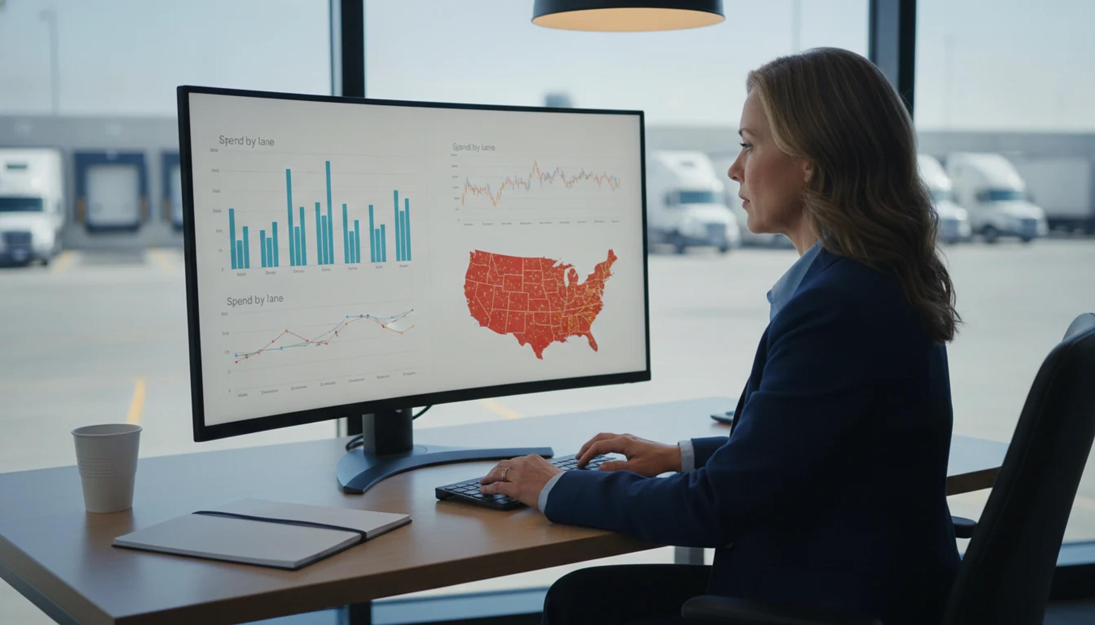 A freight logistics manager reviewing shipping cost analytics. Monthly invoice audits catch billing errors on 3-8% of US LTL invoices.