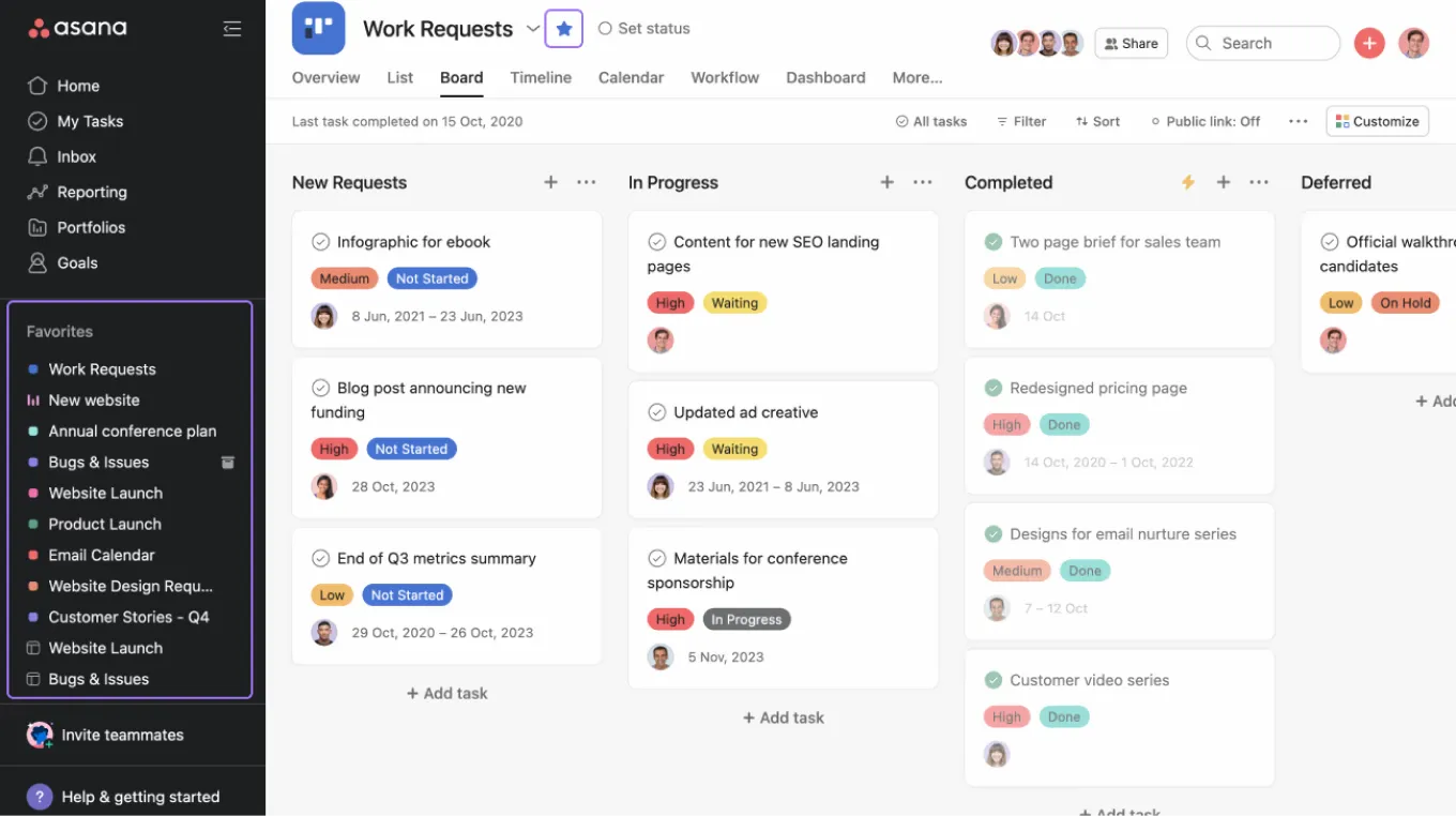 Asana project board with work requests grouped by progress status