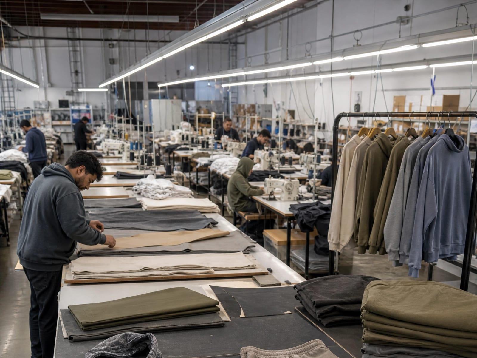 Cutting tables and sewing lines running side by side on a garment factory floor
