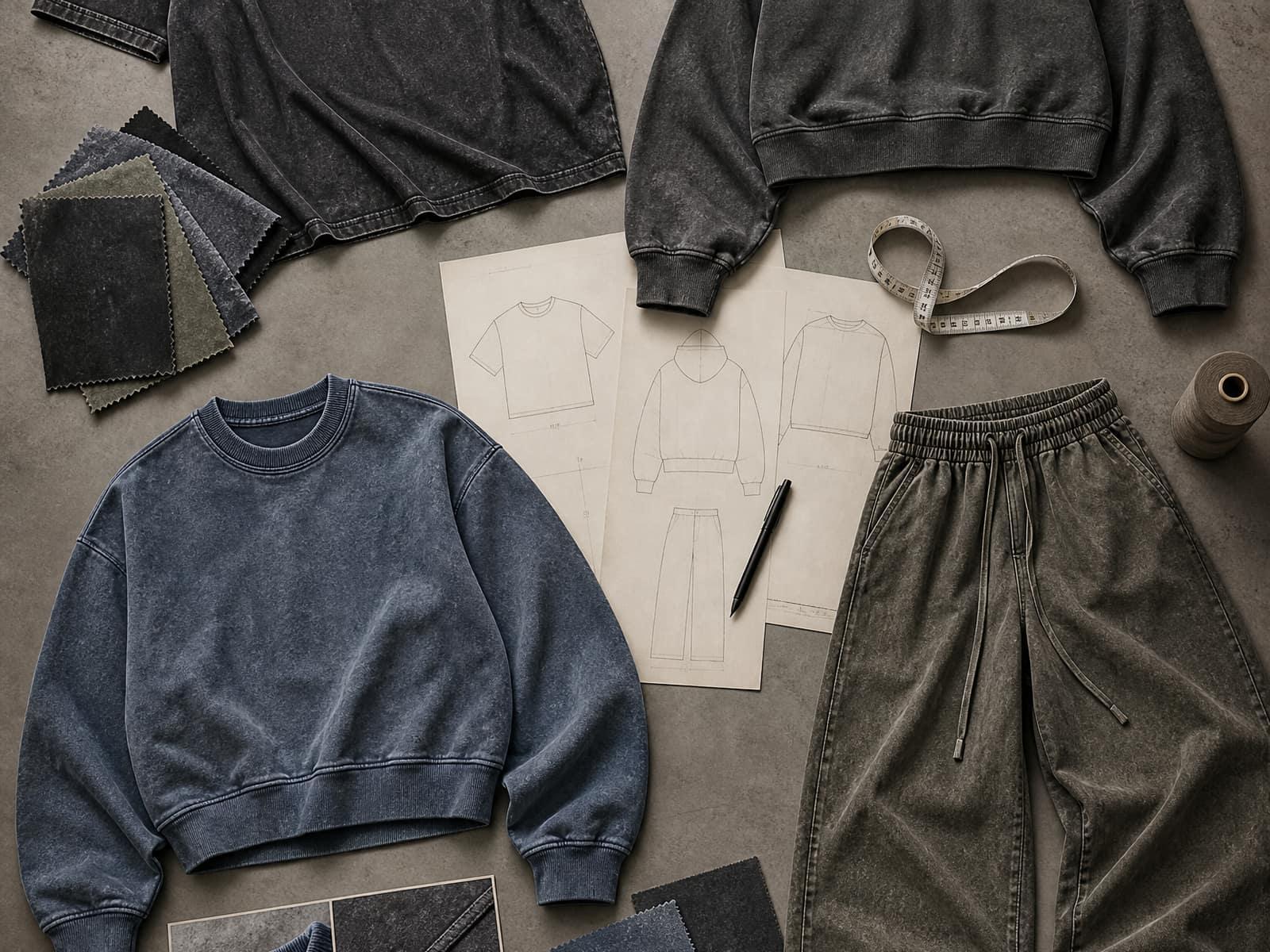 Flat pattern sketches laid between finished washed sweatshirts and trousers