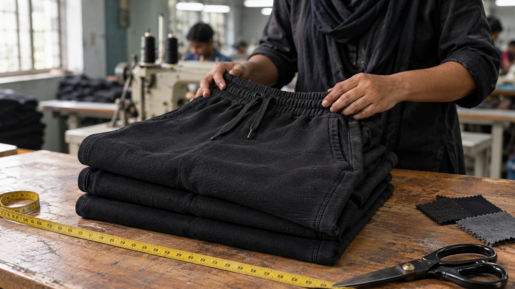 Custom shorts manufacturer QC: folded black French terry shorts with a tape measure on a cutting table