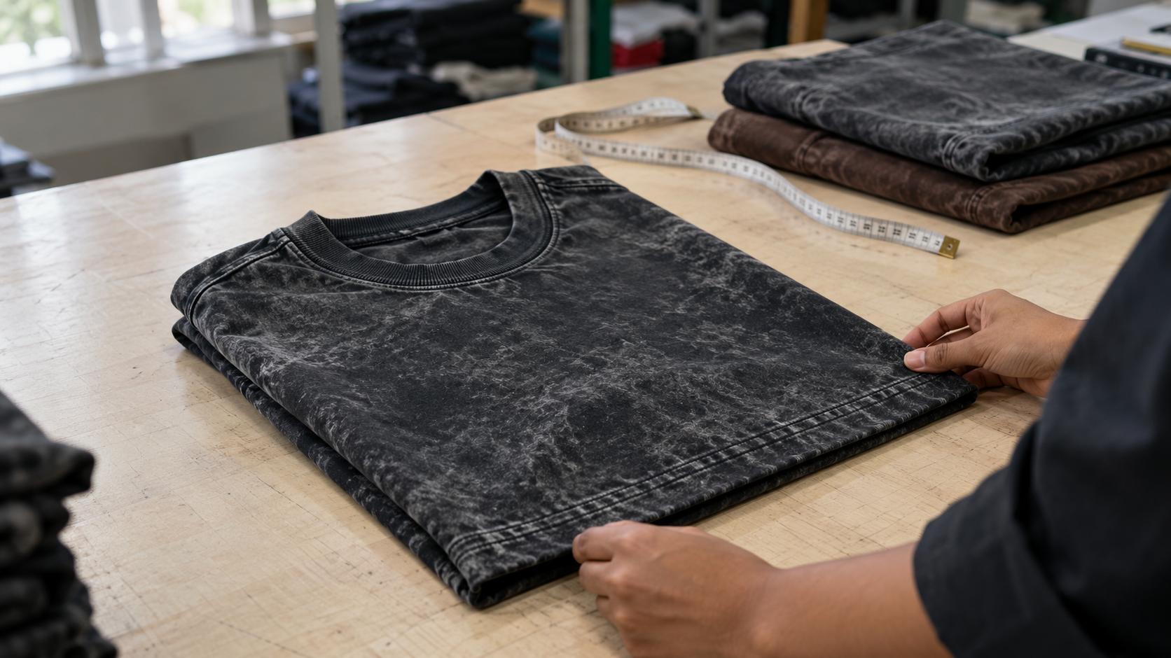 Folded black acid wash t-shirt with marbled grey fading from an acid wash t-shirt manufacturer