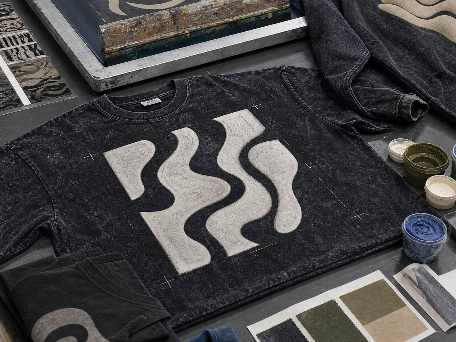 Screen-printing frame and ink pots beside a freshly printed washed-black tee