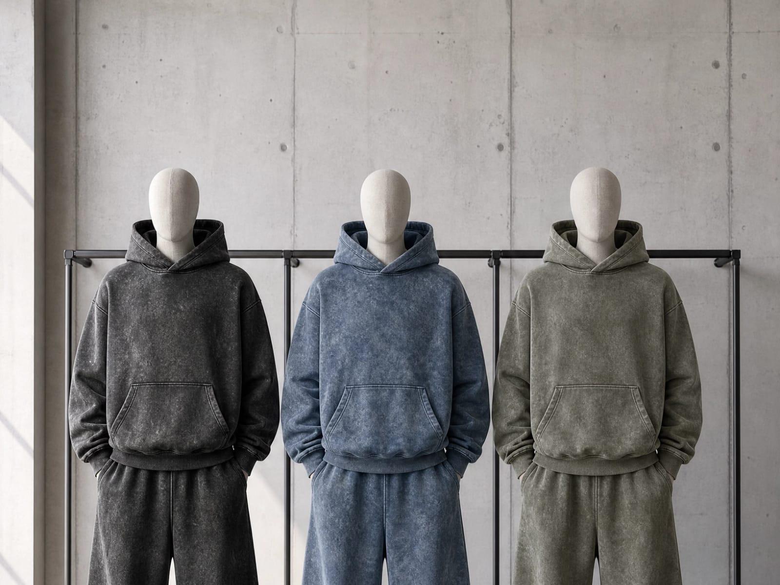 Three garment-washed hoodie and sweatpant sets displayed on forms
