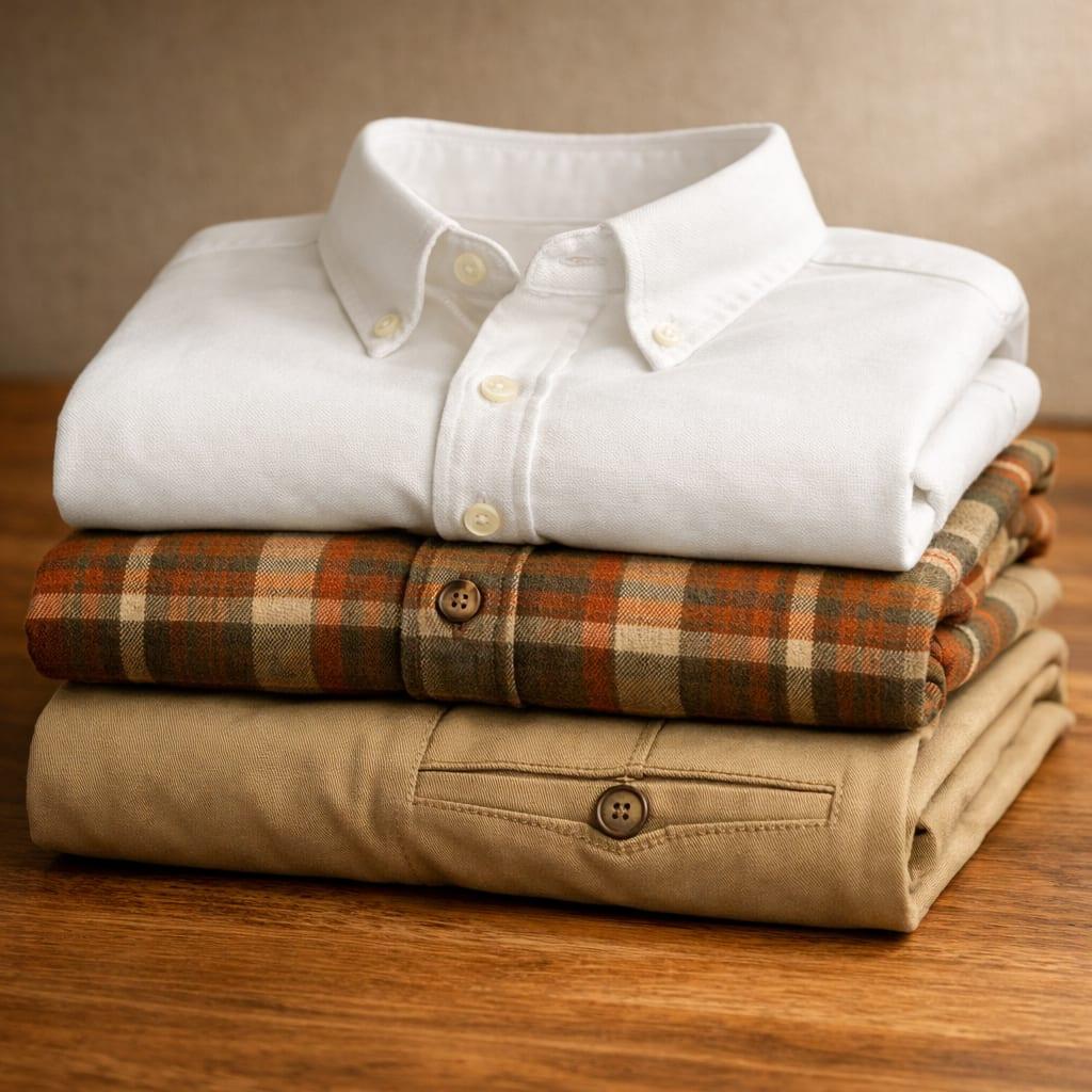 Rolls of woven shirting fabric stacked on a warehouse shelf