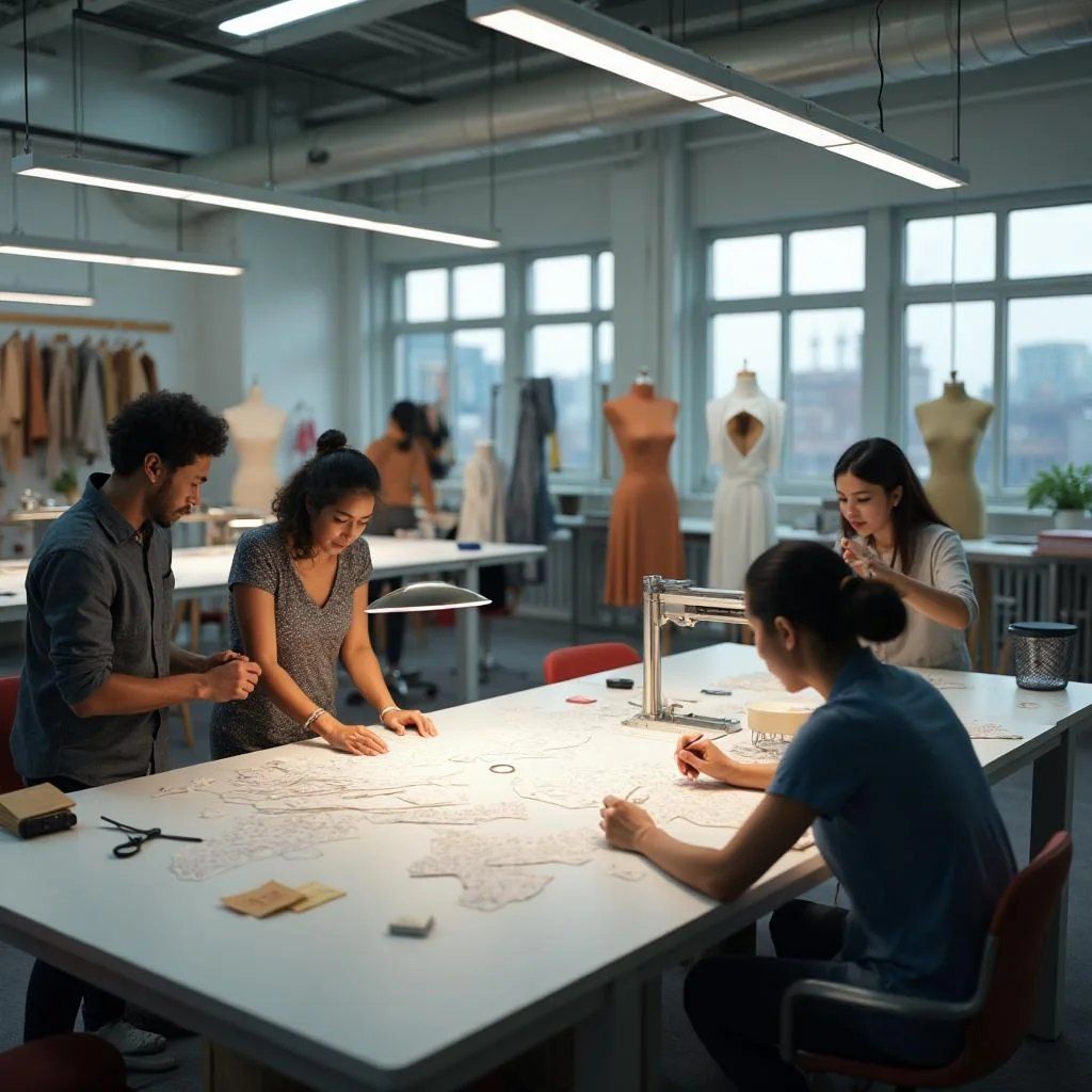 Apparel sample development studio with patterns laid out on a cutting table