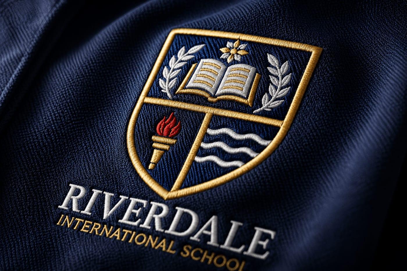Close-up of an embroidered school crest on a polo shirt