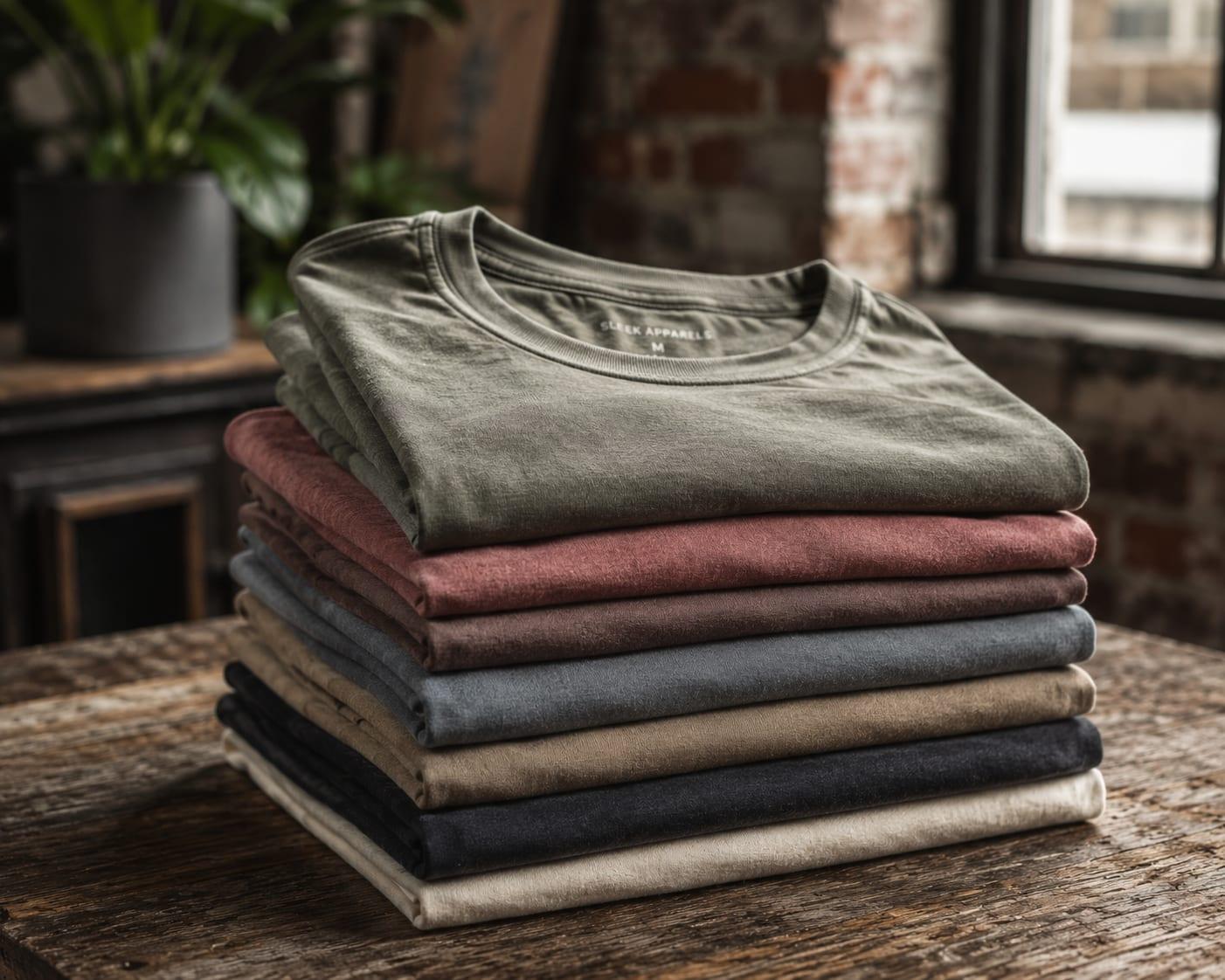 Folded custom t-shirts with woven brand labels