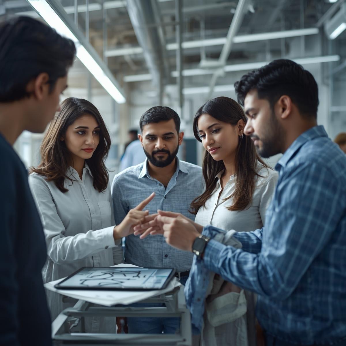 Apparel designer and factory merchandiser reviewing custom garment tech pack and fabric swatches