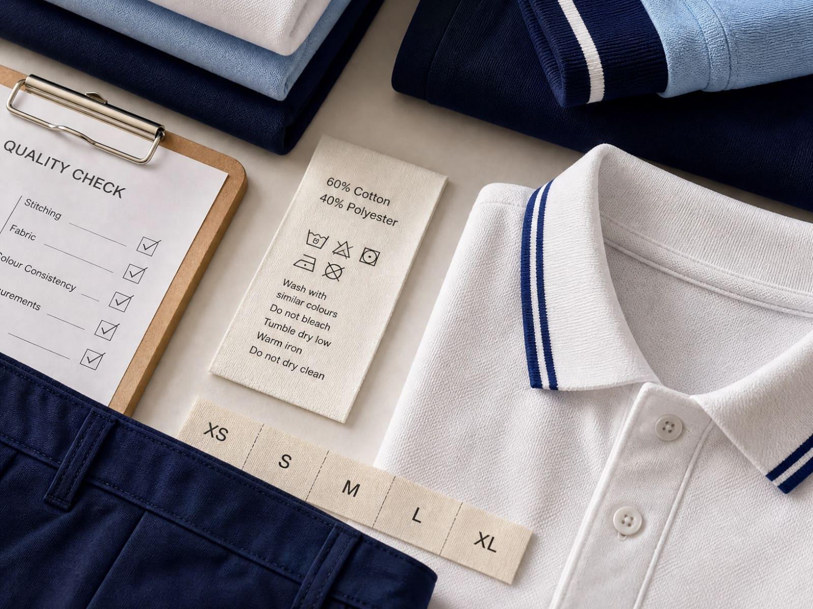 Pique polos with a quality-check sheet, care label and graded size tabs