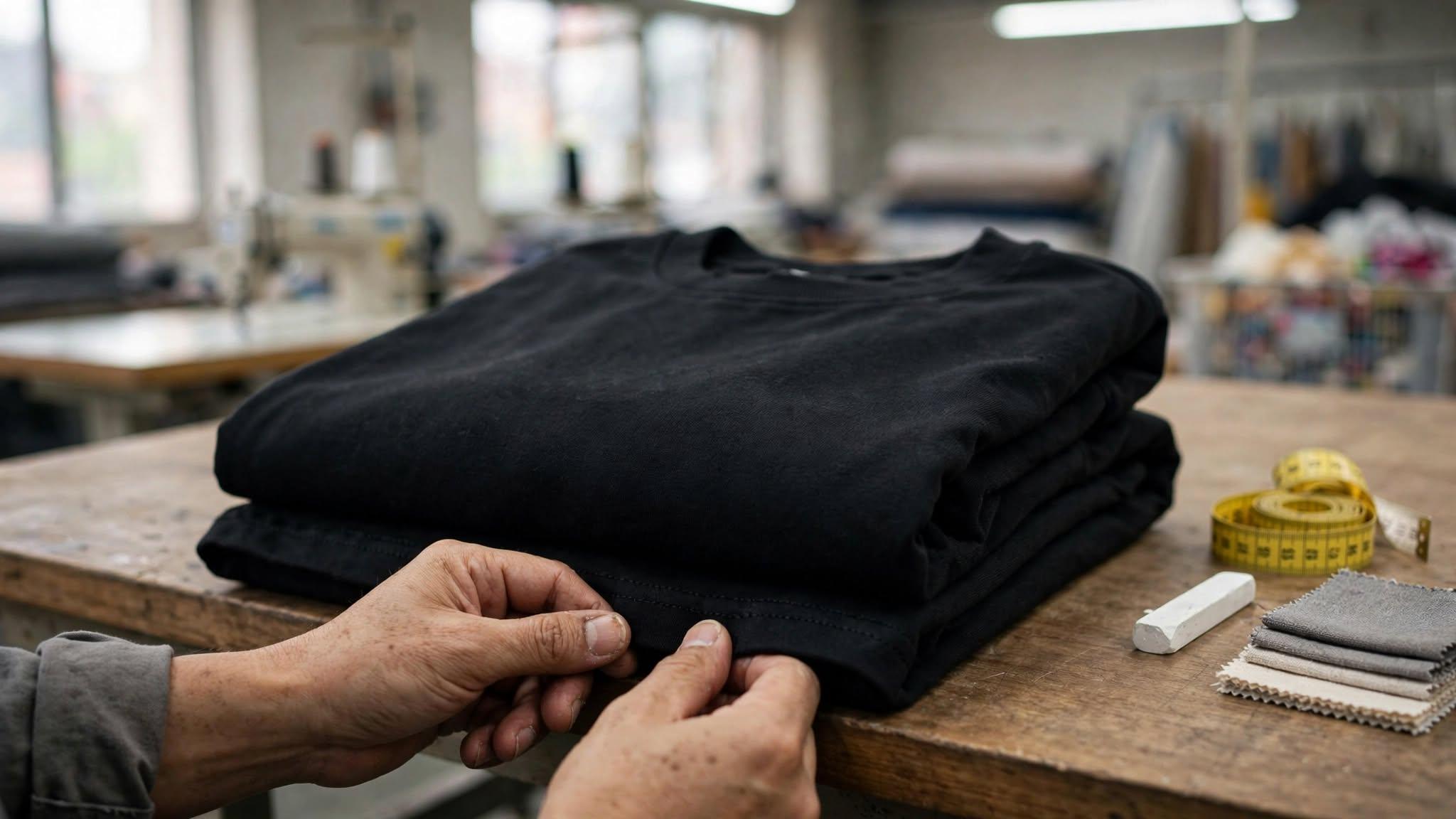 Folded heavyweight black oversized t-shirt on a cutting table at a heavyweight t-shirt manufacturer in Dhaka