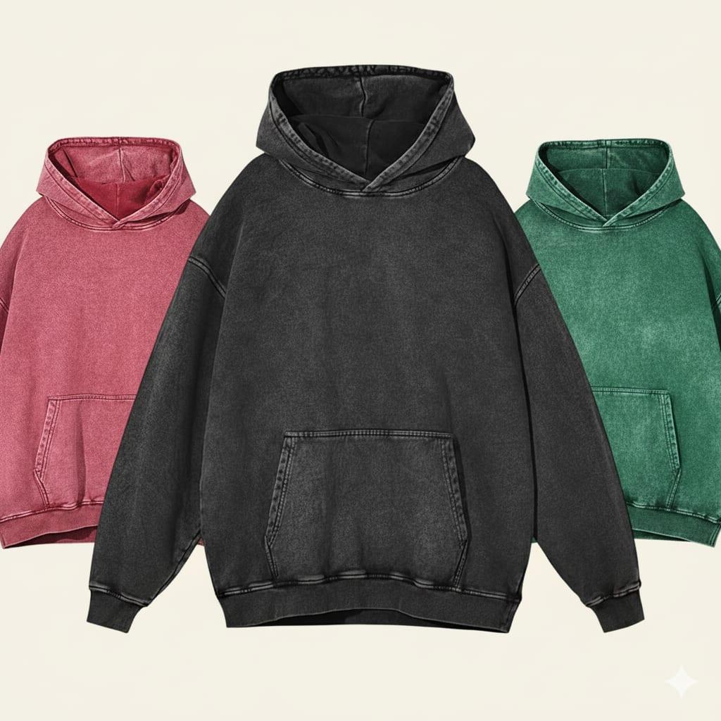 Three finished hoodies in different colourways