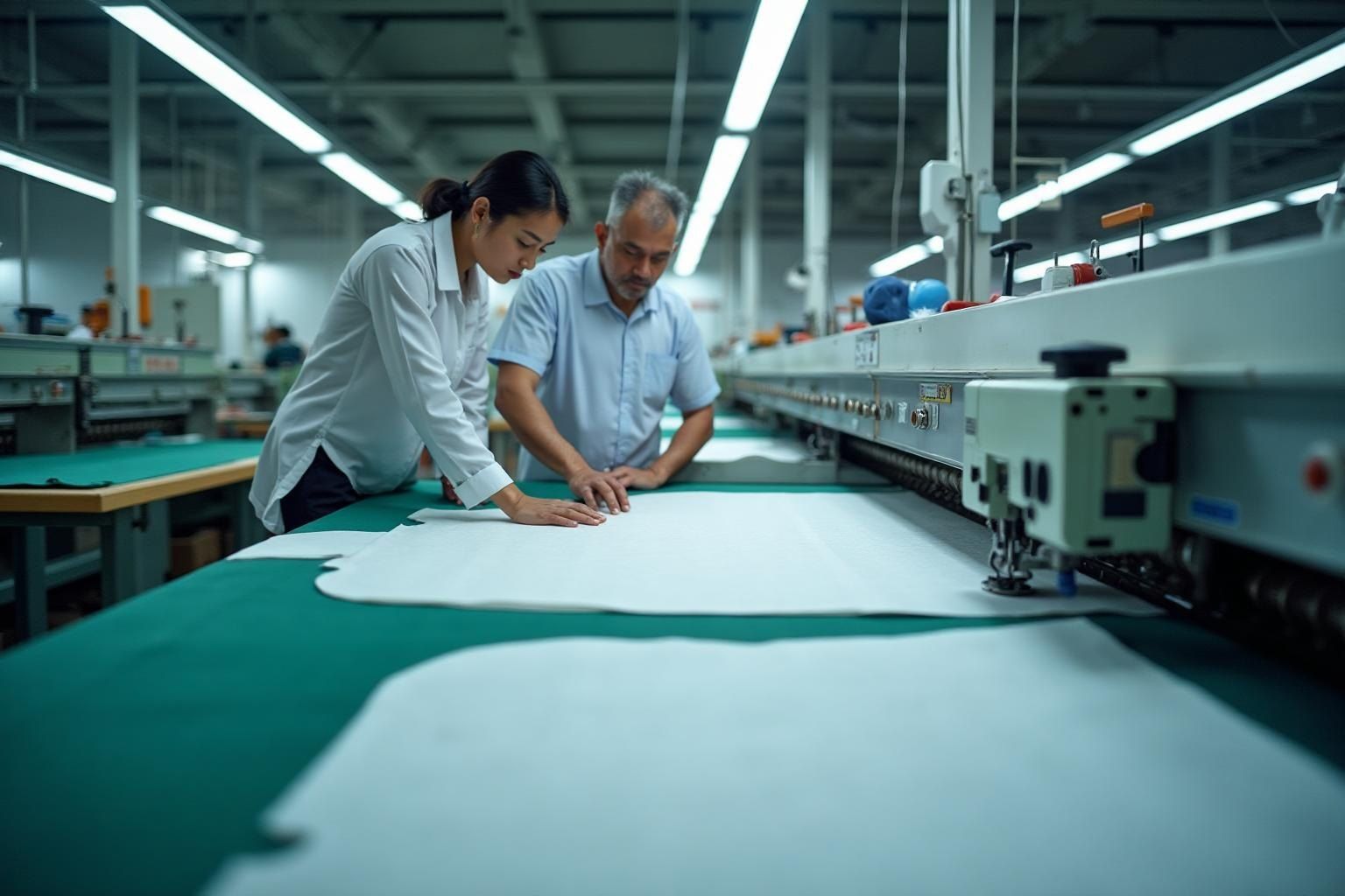 Workers spreading and cutting fabric for a garment production run