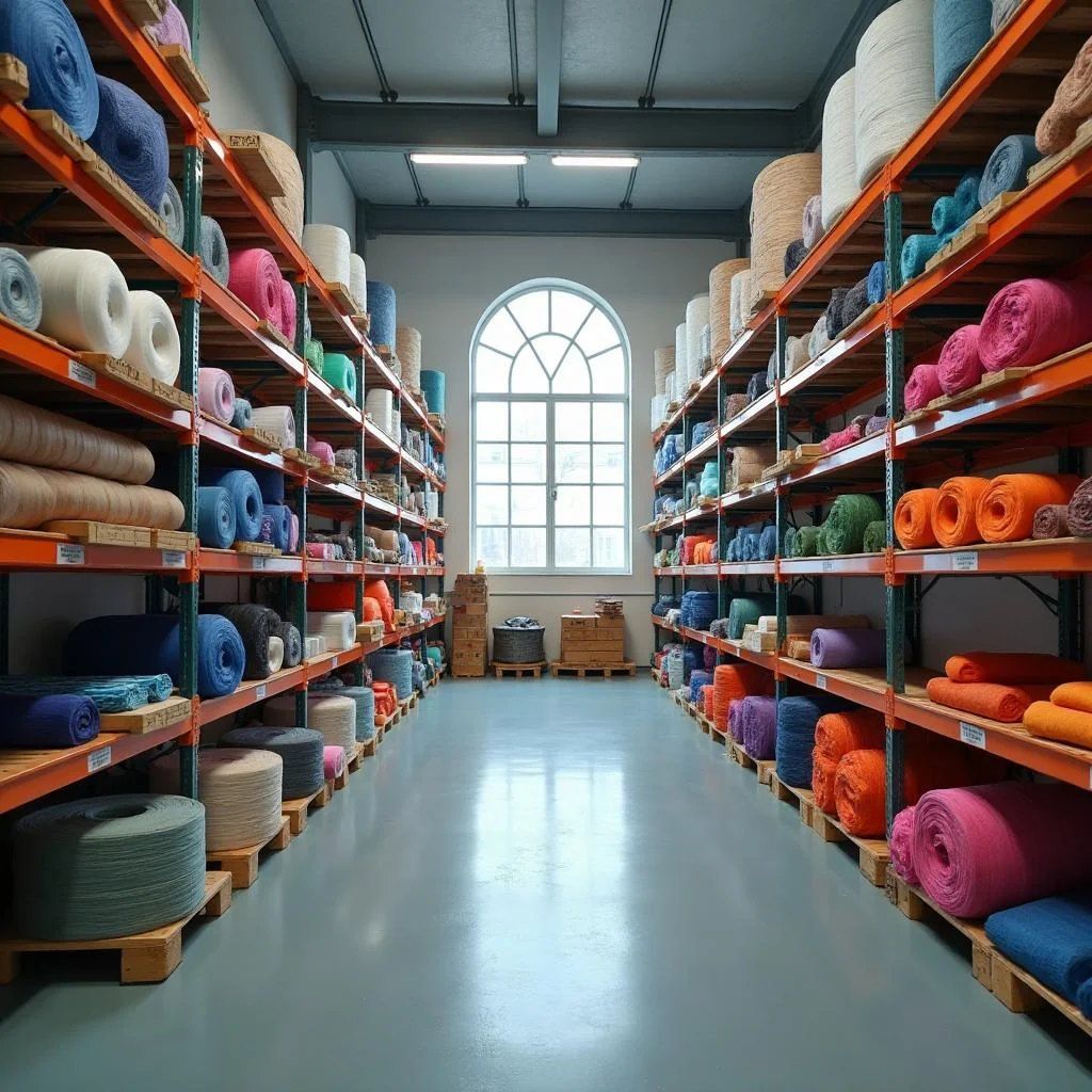 Fabric rolls stored in a garment factory materials warehouse