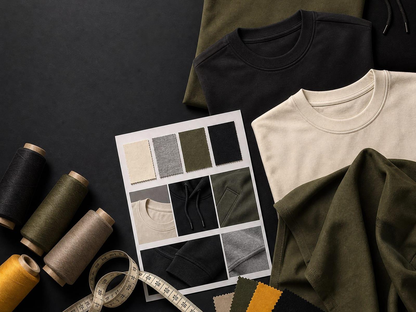 A reference card of knit fabric weights beside folded sweatshirts and thread cones