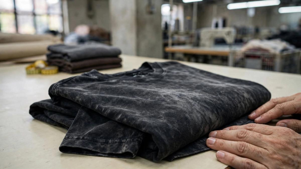 Close-up of black acid wash t-shirt fabric with grey marbled fading and visible jersey knit texture