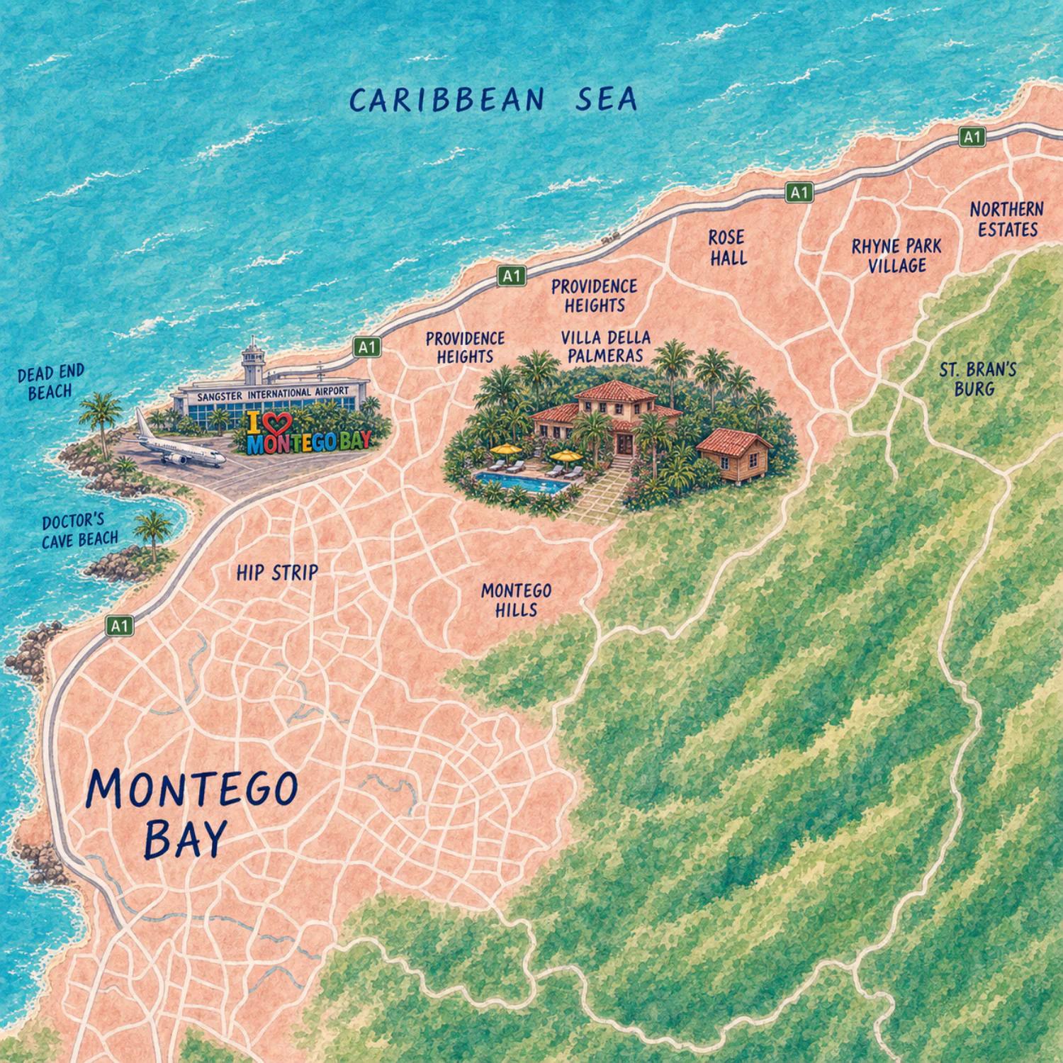 Illustrated map of Montego Bay showing Villa Della Palmeras and the surrounding coast