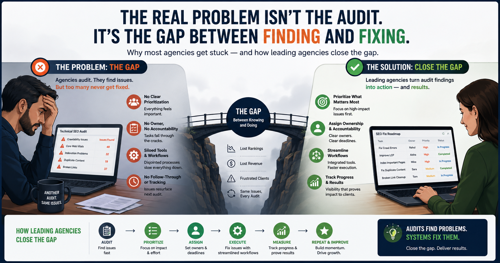 A professional split-screen infographic illustrating the gap between technical SEO audits and implementation for digital marketing agencies. The left side shows a frustrated agency professional reviewing repeated technical SEO audit issues such as crawl errors, Core Web Vitals problems, duplicate content, and broken links. The center features a visual bridge labeled “The Gap Between Knowing and Doing,” representing the disconnect between finding and fixing SEO issues. The right side shows a successful agency workflow with task ownership, prioritization, streamlined execution, and measurable SEO results displayed on a roadmap dashboard. The infographic emphasizes how leading agencies close the gap between SEO audits and implementation through accountability, workflow systems, and execution processes. Primary keyword: “technical SEO audit implementation gap.”