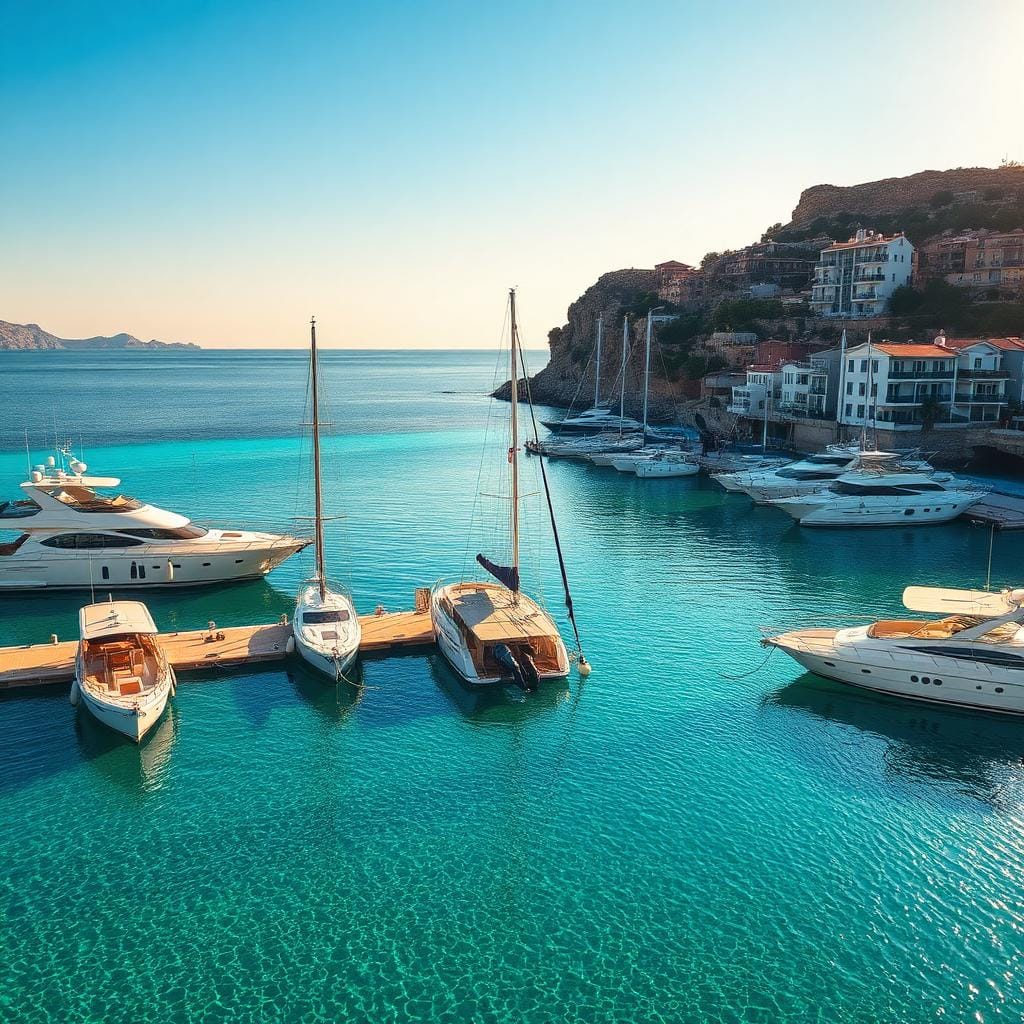 Moraira, Costa Blanca: boats moored in the turquoise marina cove below the town's white hillside villas