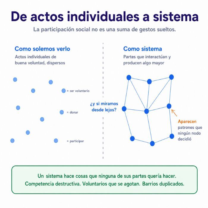 Diagrama comparativo. A la izquierda, puntos dispersos sin conexión que representan actos individuales de participación. A la derecha, una red de nodos interconectados que representa la participación como sistema. Al pie, un recuadro destaca que un sistema produce resultados que ninguna de sus partes individuales quería.