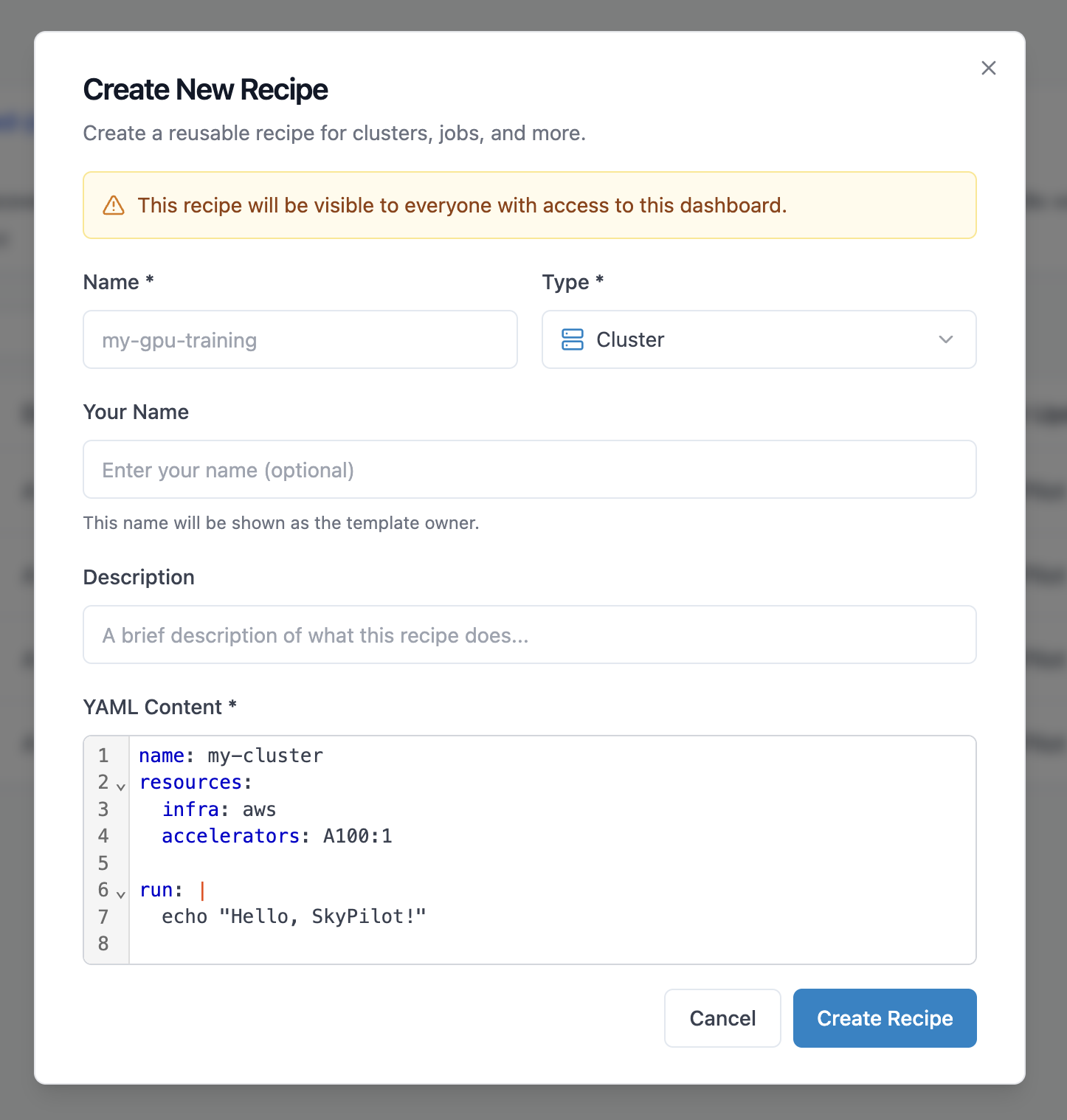 create recipe