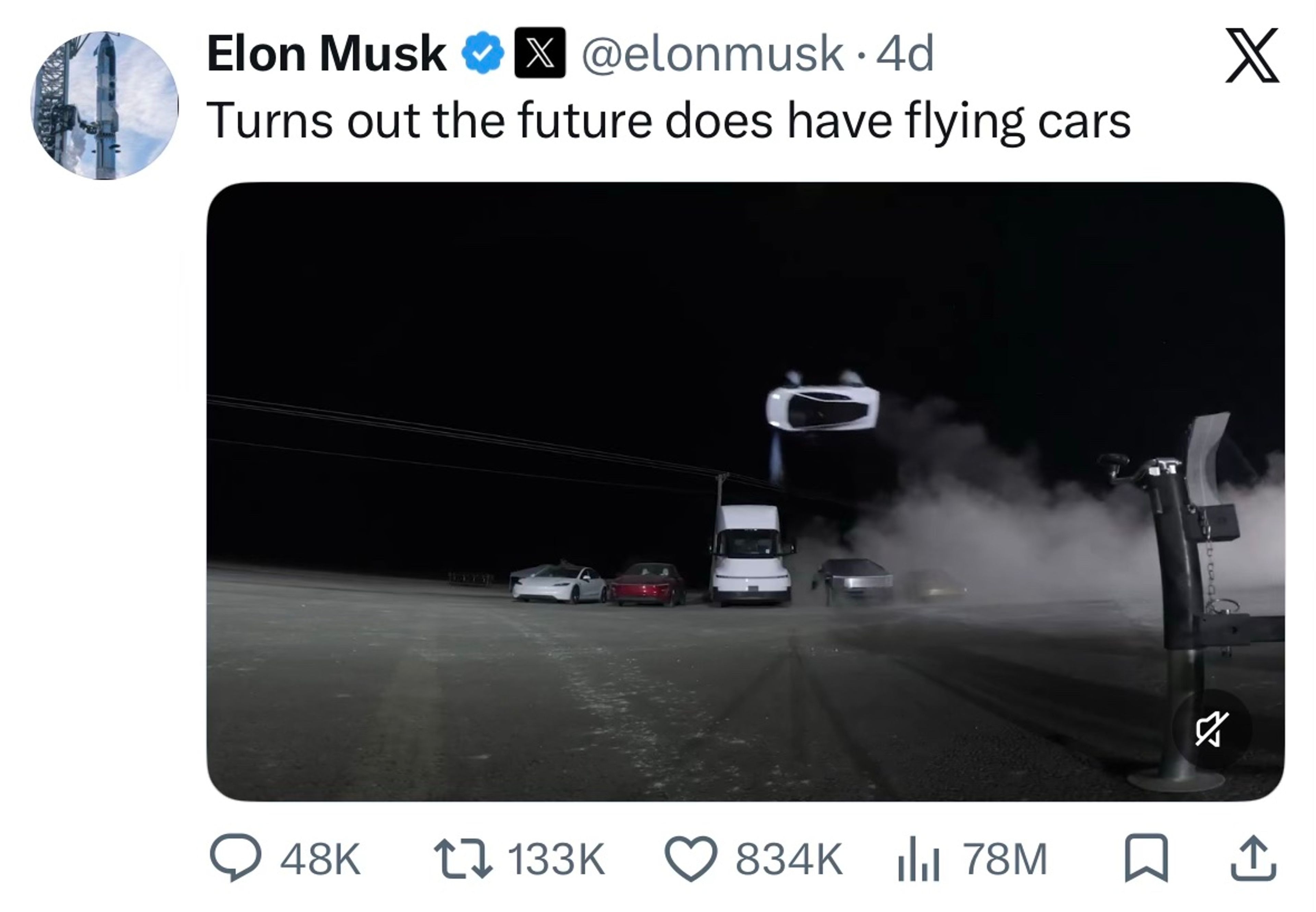 Elon Musk on X, October 15: "Turns out the future does have flying cars", with a video frame of the Roadster flipping over a row of parked Teslas. 48K replies, 133K reposts, 834K likes, 78M views.