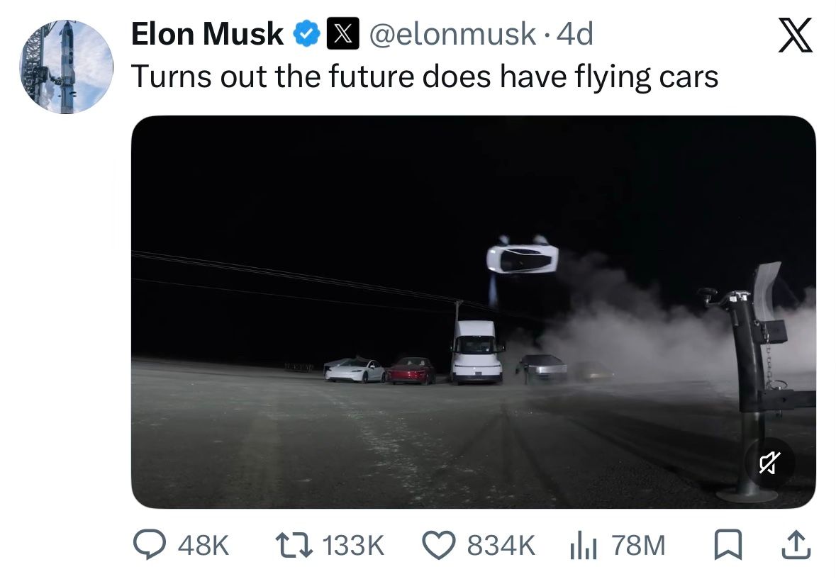 Elon Musk on X, October 15: "Turns out the future does have flying cars", with a video frame of the Roadster flipping over a row of parked Teslas. 48K replies, 133K reposts, 834K likes, 78M views.