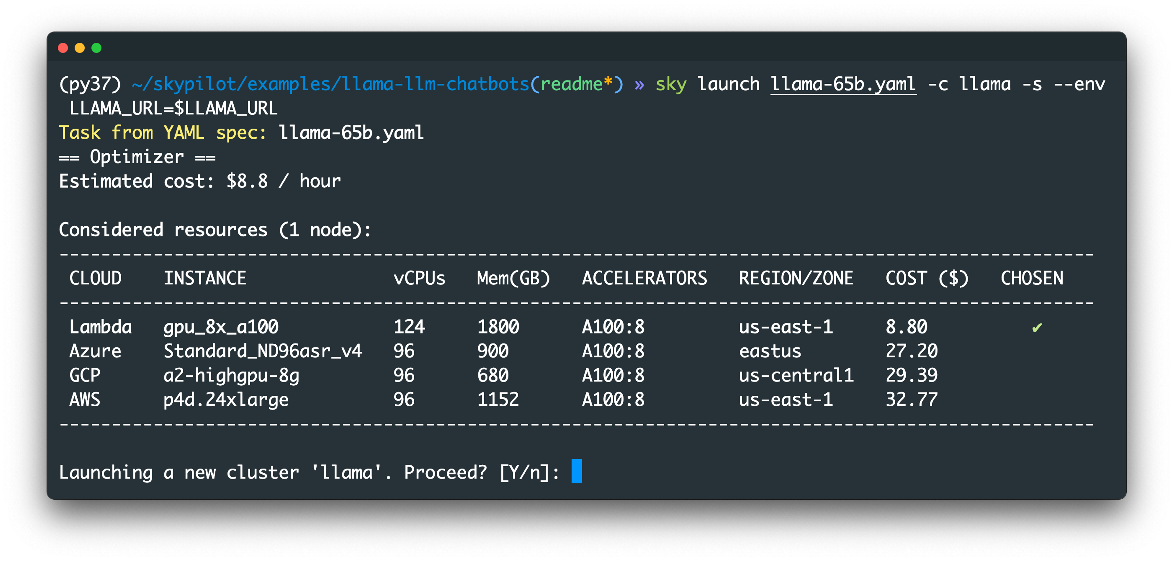 SkyPilot launch outputs for 8x A100 GPUs