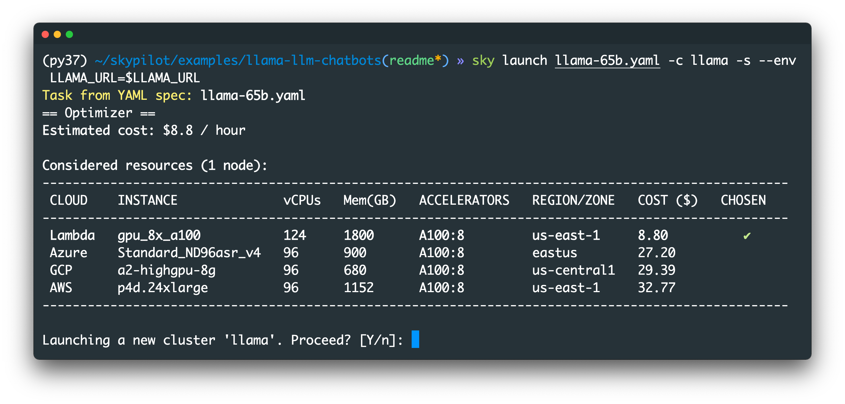 SkyPilot launch outputs for 8x A100 GPUs
