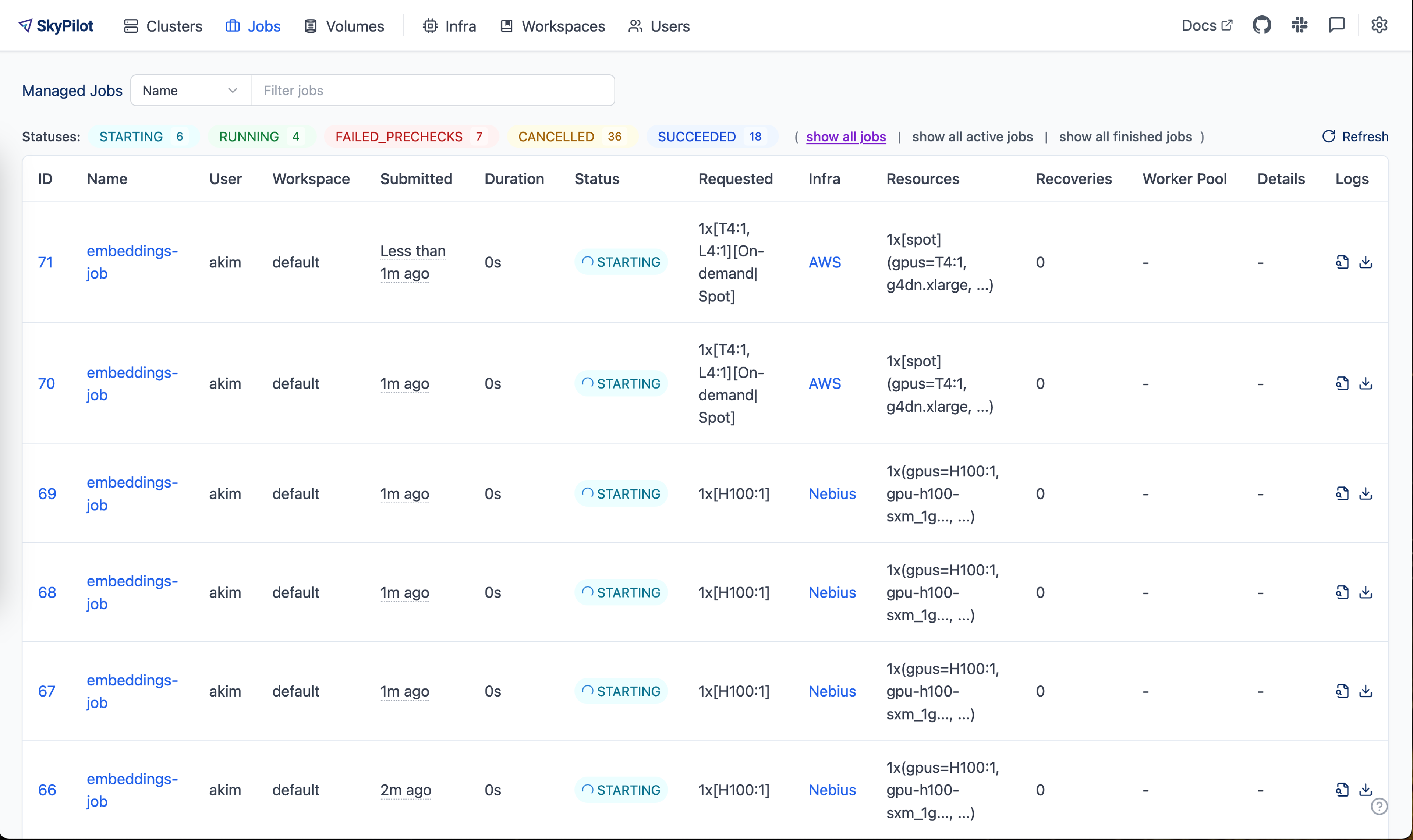 SkyPilot Dashboard showing submitted managed jobs