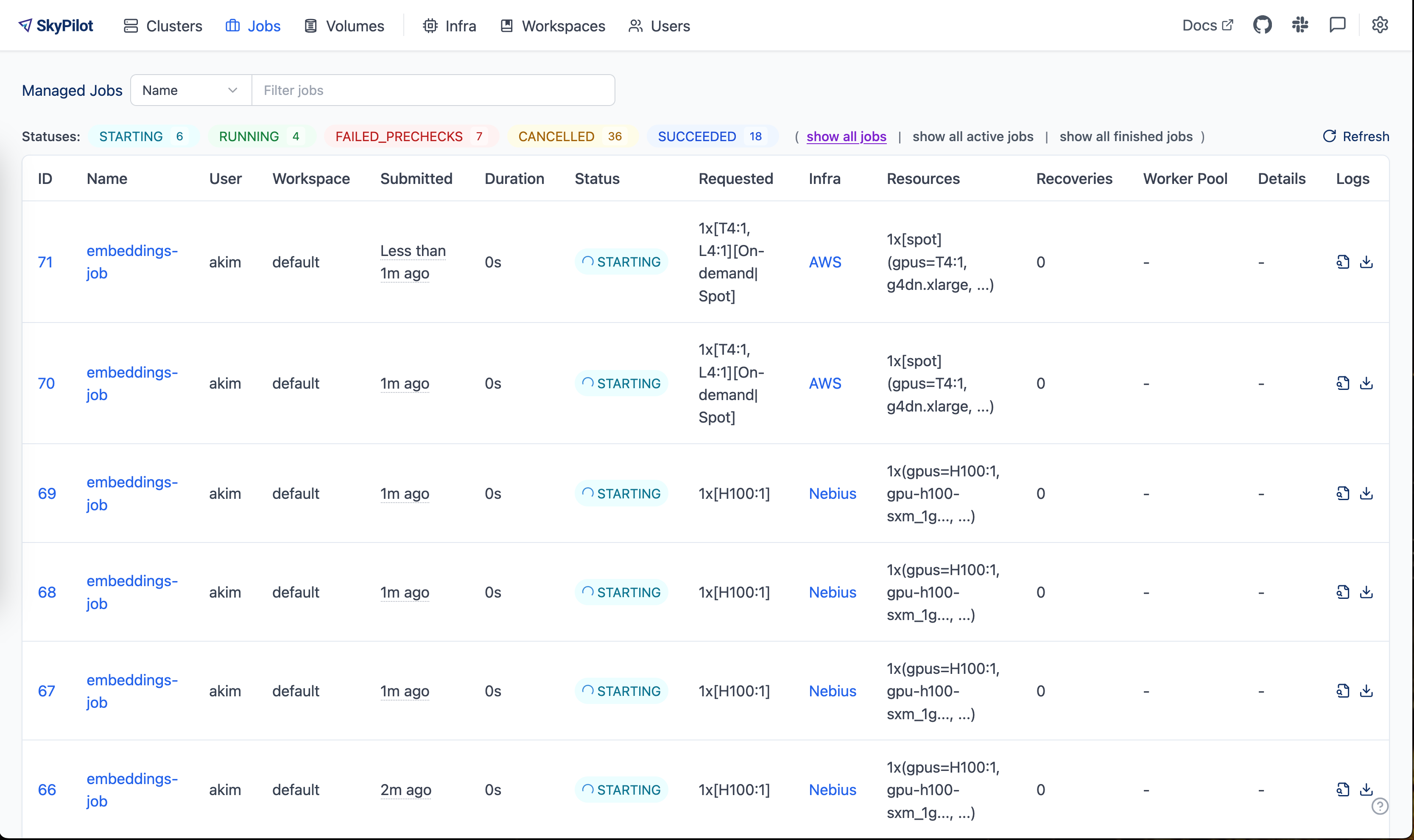 SkyPilot Dashboard showing submitted managed jobs