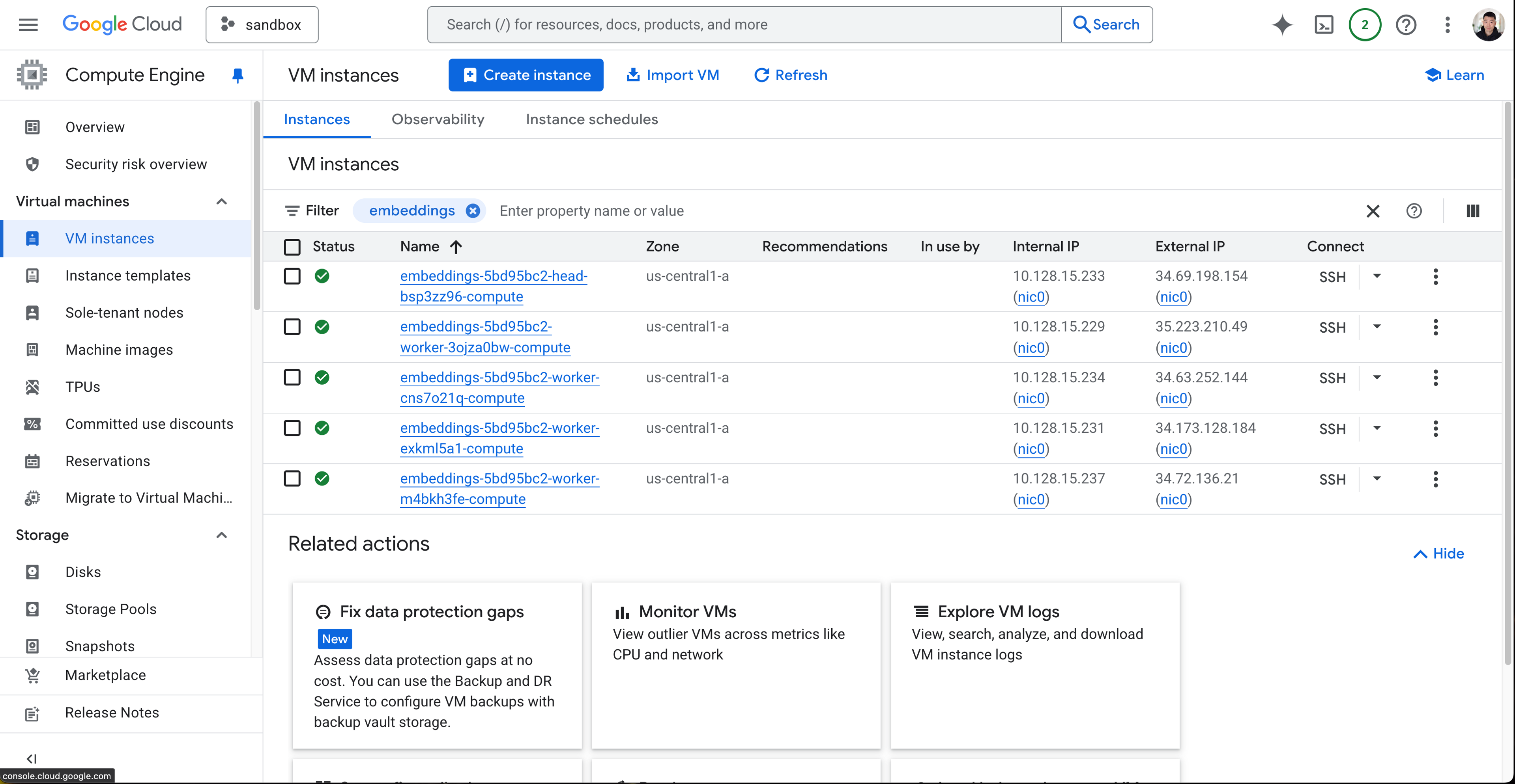 GCP Compute dashboard showing 5 instances provisioned by SkyPilot