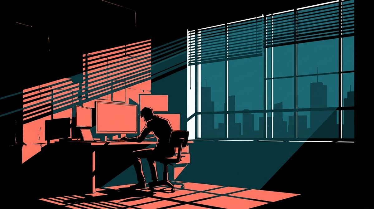 Silhouette of a trader alone at a desk as thin dawn light cuts through the blinds behind them, city skyline visible through the window