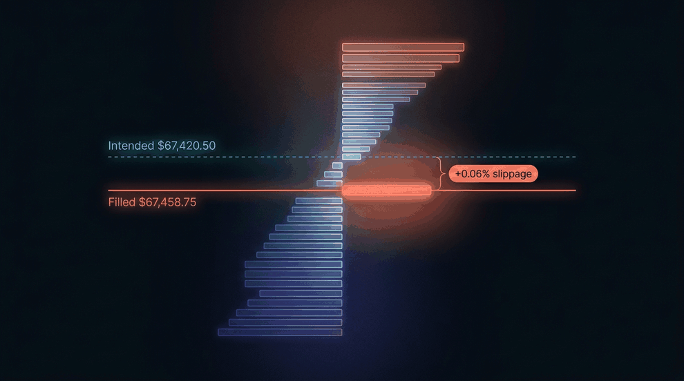 Animated order book diagram showing intended price $67,420.50 vs. filled price $67,458.75, with the filled bar pulsing to highlight the +0.06% slippage gap