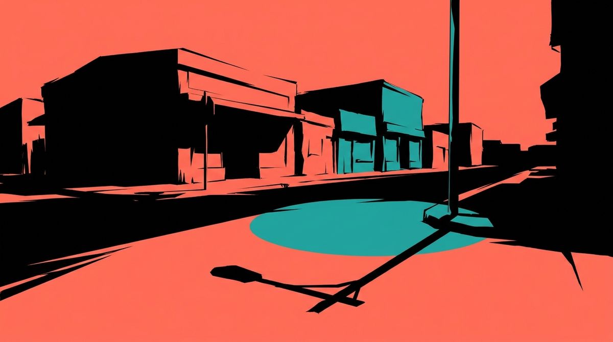 A quiet small town street at dusk, ordinary storefronts and a lone streetlight