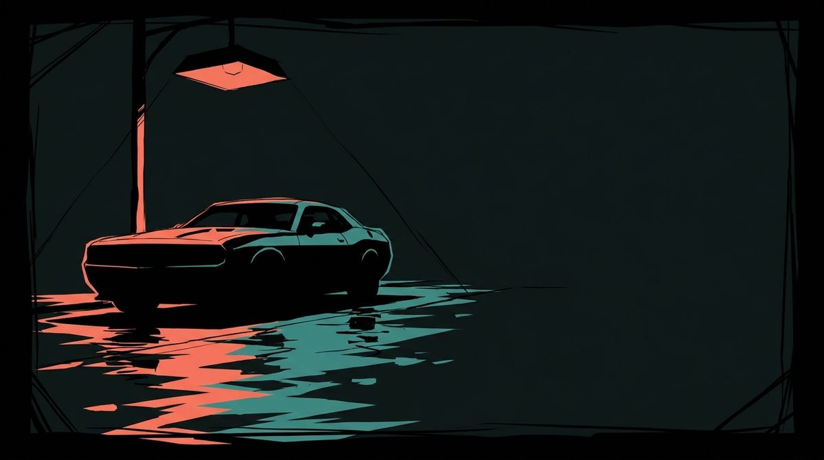 A car parked alone under a streetlight at night, its reflection glowing coral and teal on wet pavement