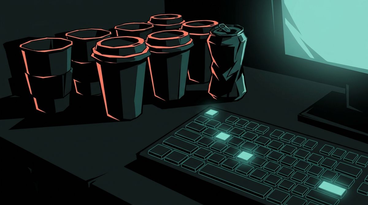 A row of empty coffee cups and a crushed energy drink can on a desk, lit by monitor glow
